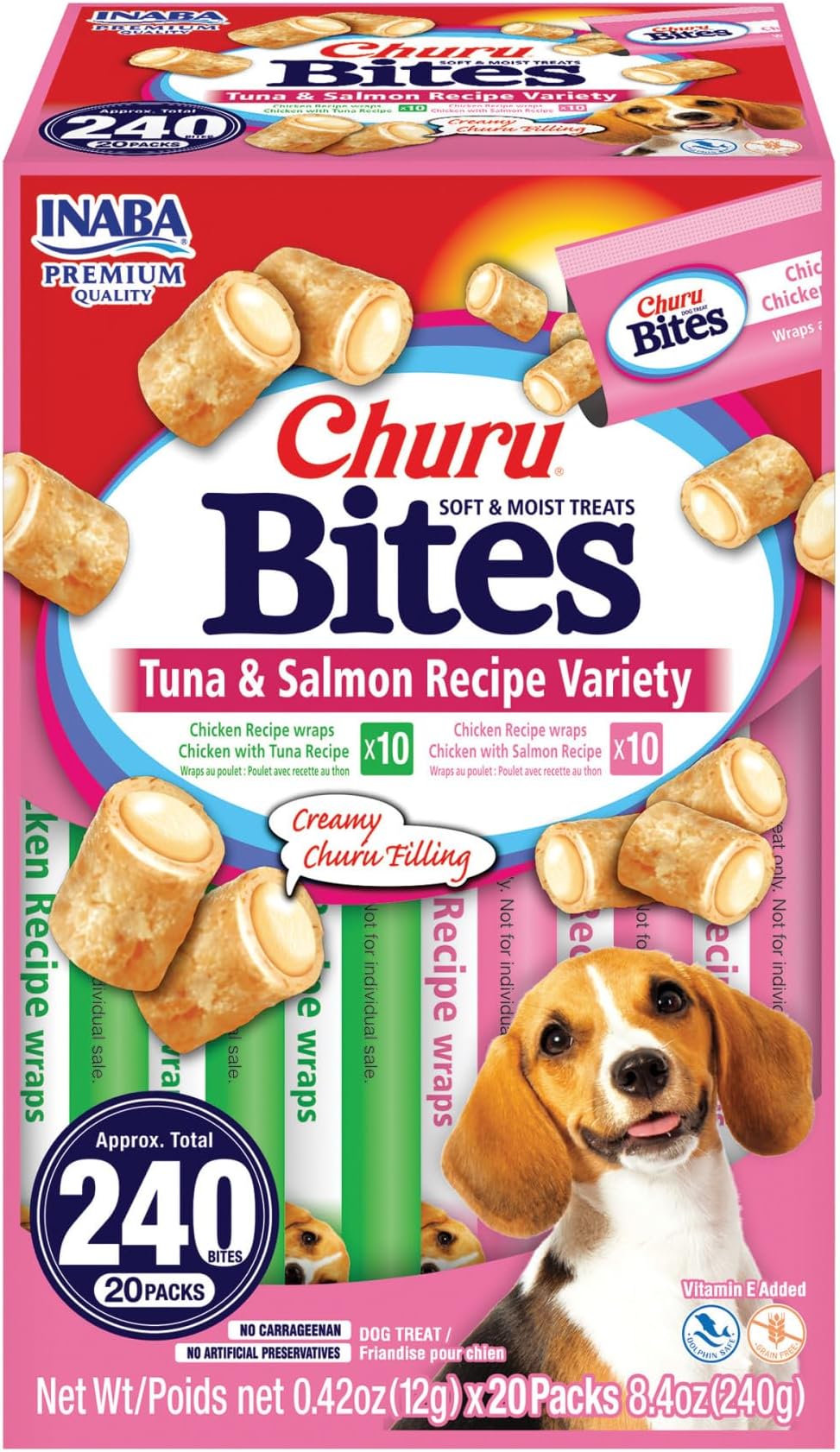 INABA Churu Bites for Dogs, Soft & Chewy Dog Treats with Vitamin E, 0.42 Ounces Each Tube, 20 Tubes, Tuna & Salmon Variety Box