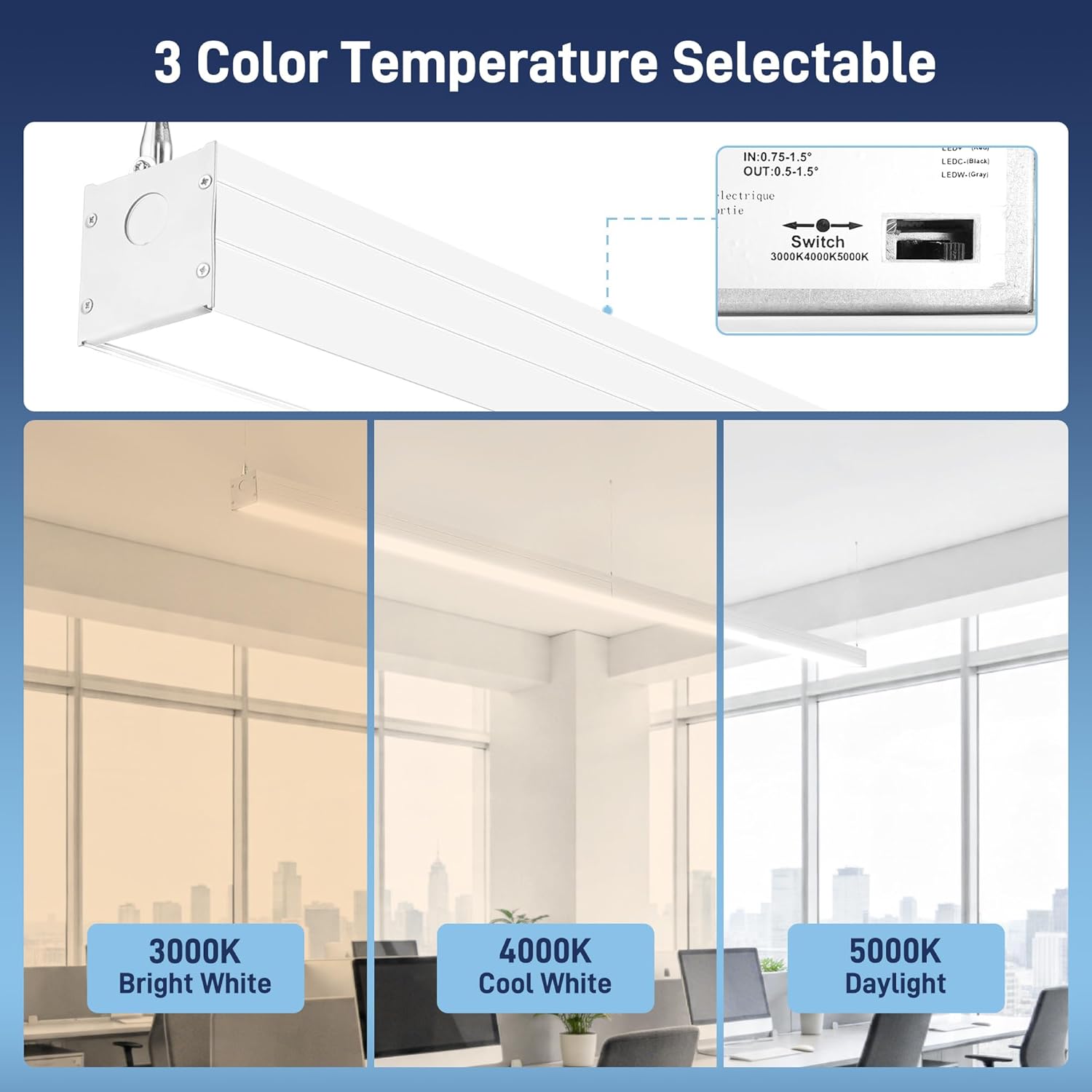 hykolity 4FT LED Architectural Suspended Linear Channel Light Linkable, 23/32/40 W 3000K/4000K/5000K CCT Selectable,Dimmable Office Lighting Fixture for Commercial Places, 4600lm,ETL, 4 Pack - Silver