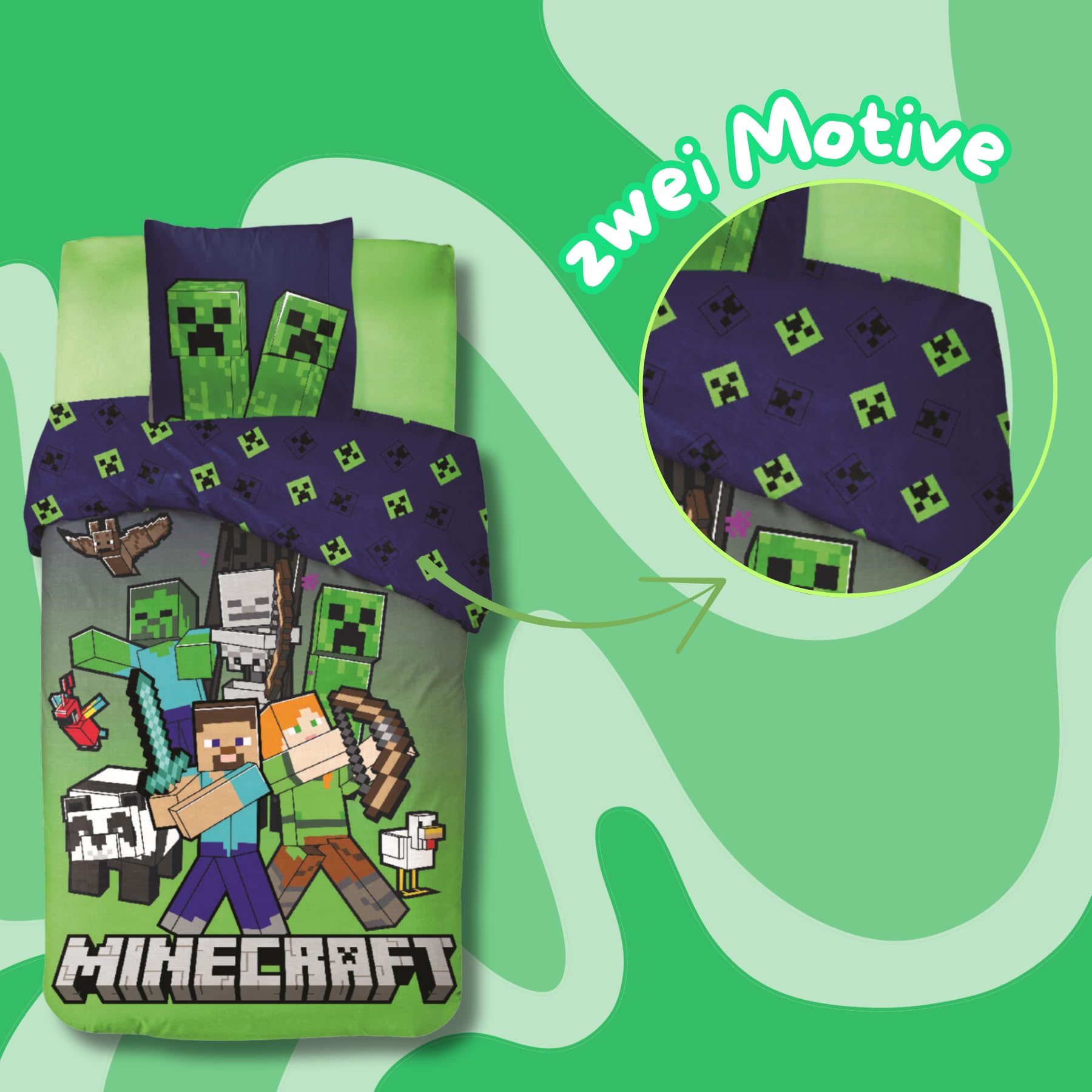 Minecraft Bettwäsche 135x200 cm mit Kissenbezug 80x80 cm Creeper Motiv