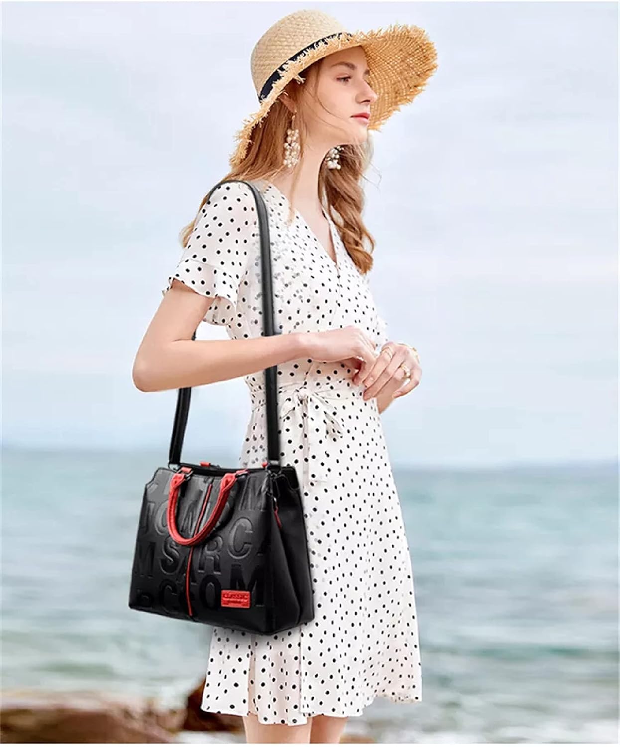 Fashion Leather Black with Red Handbags Medium for Women Luxury Shoulder Bag Tote Top-Handle Satchel Purses for Ladies - Image 3