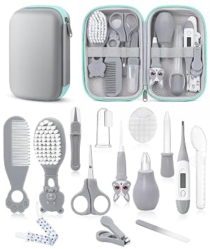 Baby Healthcare and Grooming Kit, Safety Newborn Nursery Baby Care Kit, with Hair Brush Comb, Nail Clipper, Thermometer, Pacifier Clip, Baby Registry Search, Newborn Essentials Girls Boys Grey