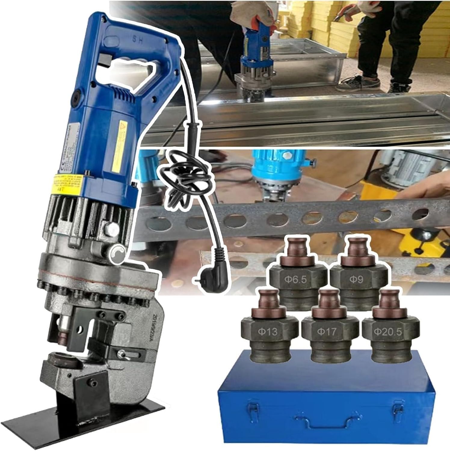 Punzonadora Hidráulica Eléctrica con 5 Troqueles para Acero, Hierro, Aluminio, Cobre, Motor 1300W y Punzonado Rápido 2-3s, Posicionamiento Preciso para Fabricación Metálica