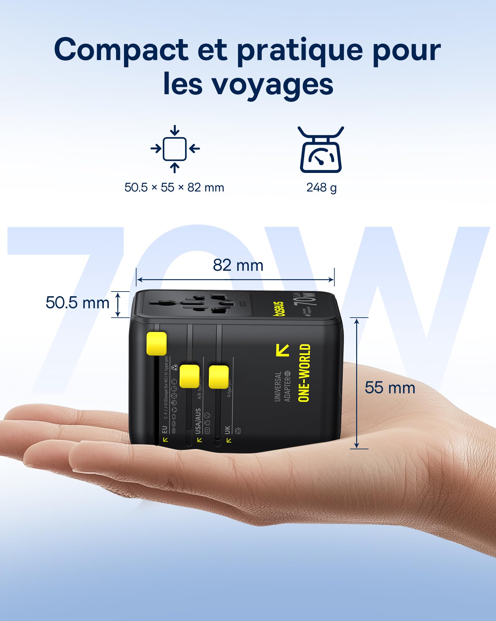 Baseus Enercore Adaptateur Prise Universelle 70W avec Câble Rétractable, Chargeur de Voyage International avec 2 Prises AC + 2USB-A + 1USB-C, Compatible avec Les USA, UK, Chine, Japon, Thaïland