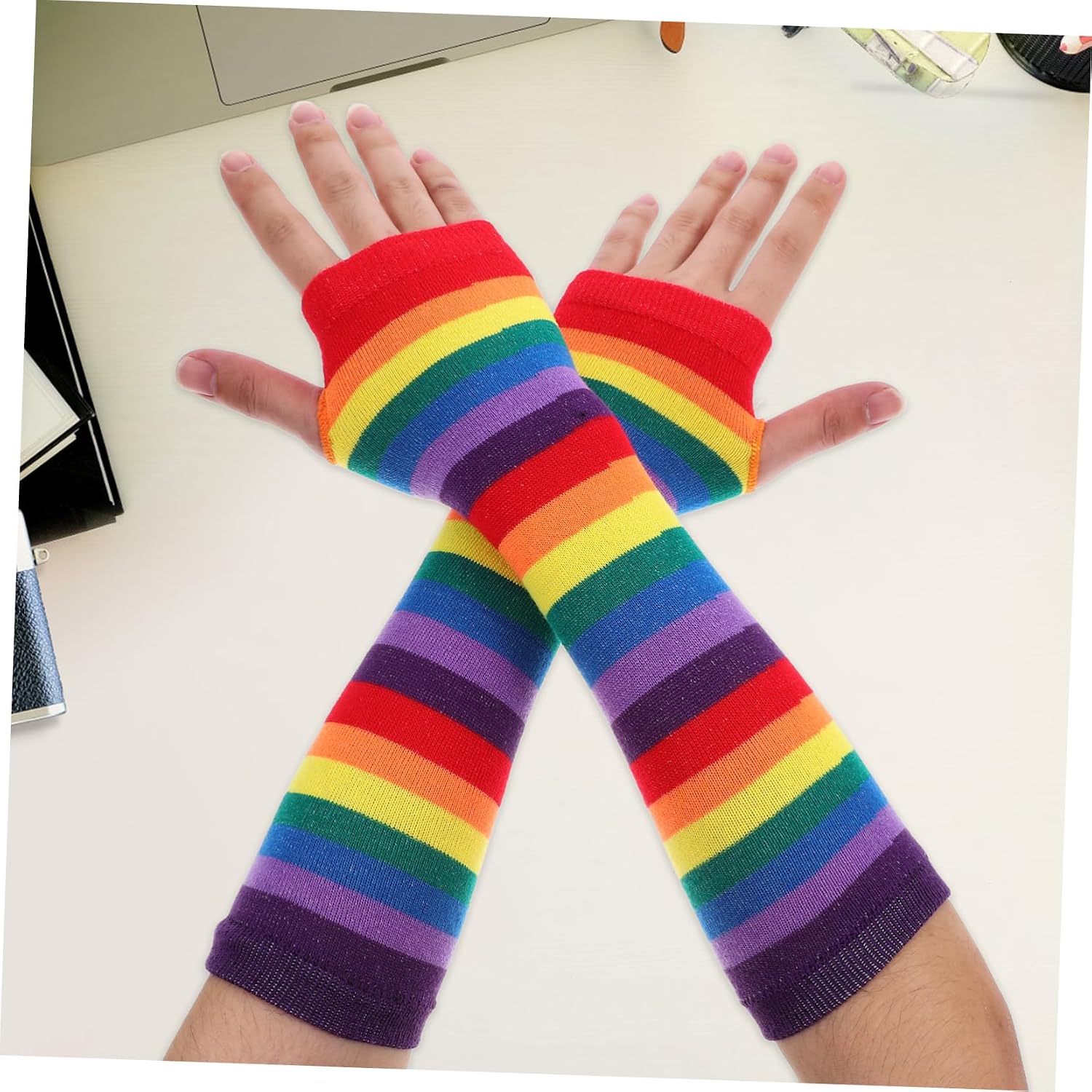 Rainbow Striped Fingerless Gloves Sleeve for Women Soft Elastic Arm Warmers Tear Resistant Easy to Clean Colorful Design for Outdoor Activities