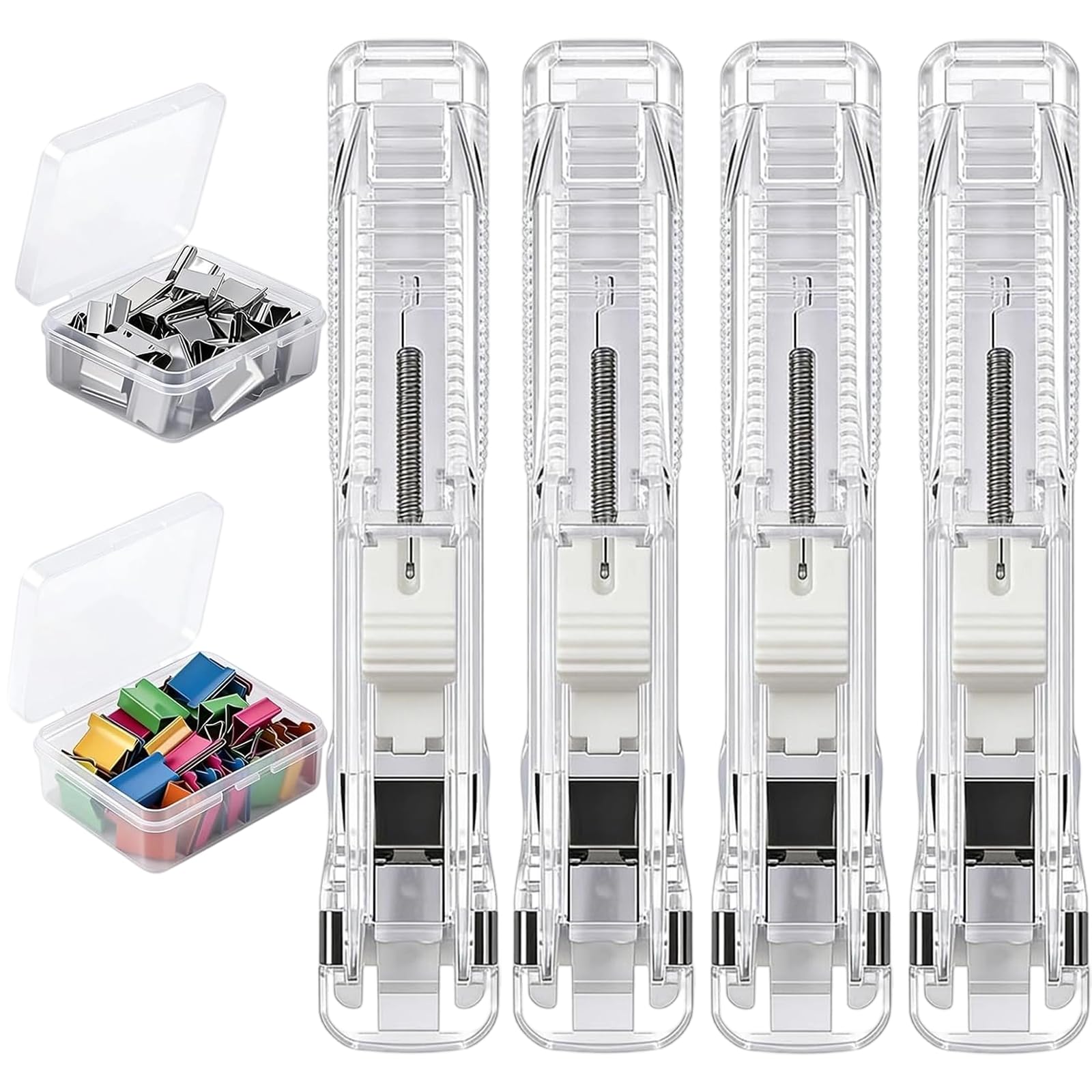 Portable Binder Clip Stapler - Includes 100 Reusable Clips, Handheld Paper Binder Clip Dispenser for Desk Document, Metal Office Supplies in Clear Box for Home Organization School (4PCS-Transparent)