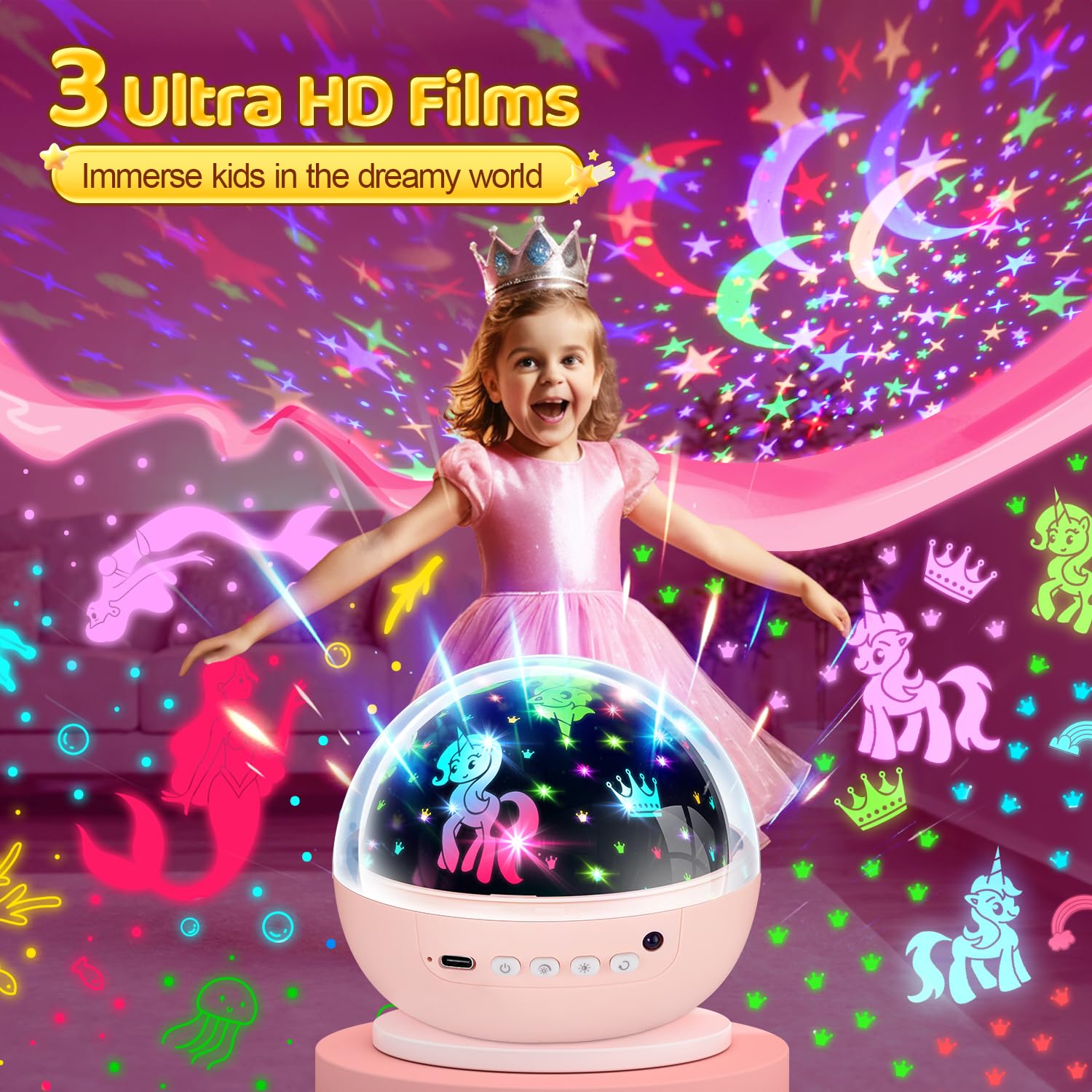 PIKOY Kids Night Light Projector, Remote+3 Timer Unicorn Night Light for Kids,3 Film&93 Effect Toddler Night Light Kids Projector,3 Lightness Nightlight for Kids Room,360° Rotate Baby Night Light