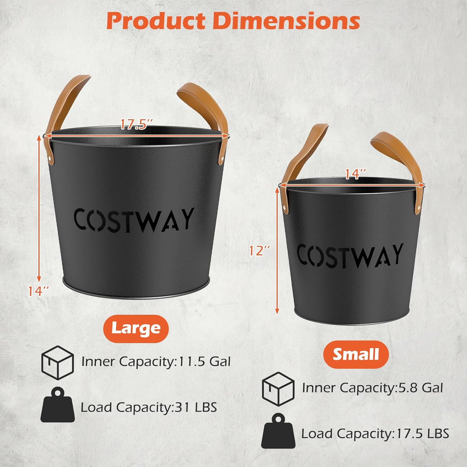 Tangkula Firewood Bucket Set of 2, Metal Pellets Containers with Reinforced Genuine Leather Handles, Portable Log Carriers, Indoor Fireplace Storage Organizers for Coals, Fire Glasses and Wood Chunks