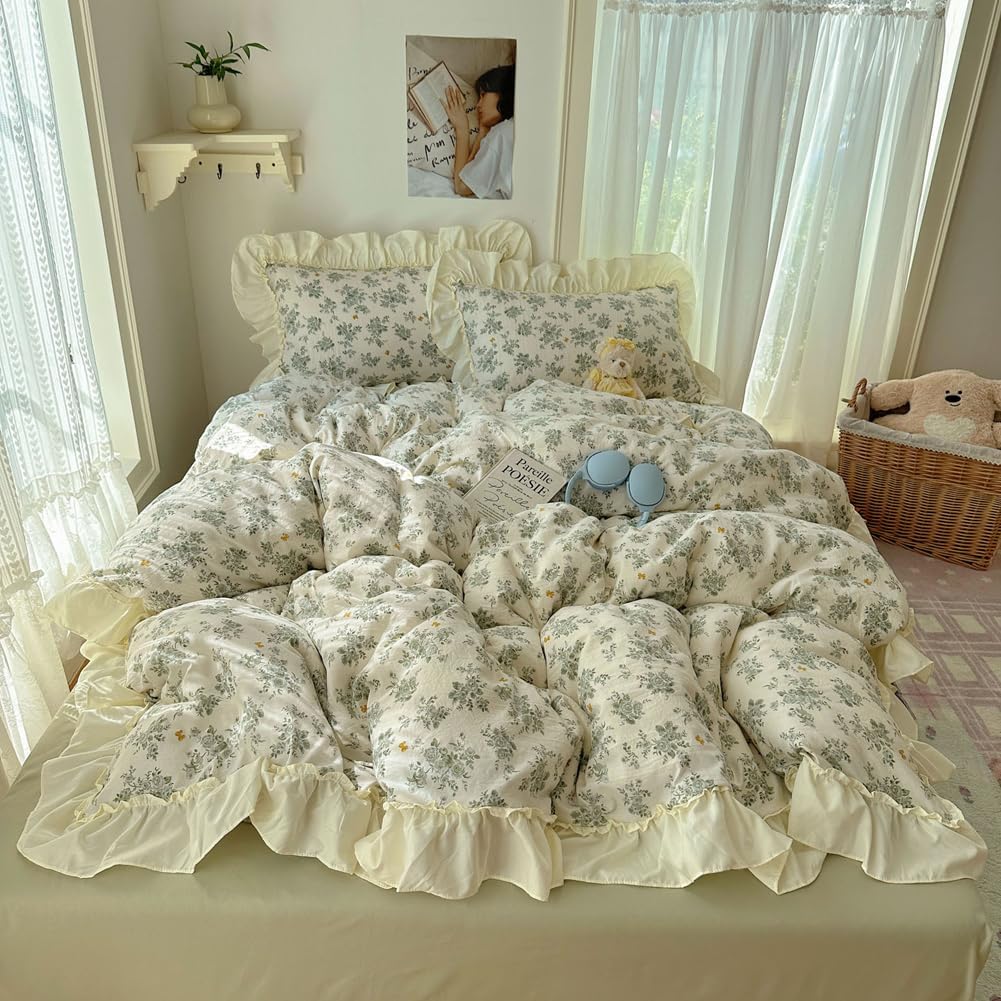 HOLY HOME Floral Print Ruffled Duvet Cover Set with Pillow Shams 3Pieces Elegant Princess Bedclothes (Bluerose, Twin)