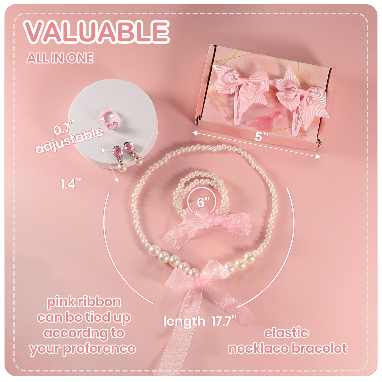 Klorify Handmade Pearl Kids Jewelry Set for Little Girls Toddler - Unique Clip On Earrings and Stretch Necklace Bracelets - Adjustable Heart Rings - Pink Bow Hair Clips - Cute Dress Up Birthday Gifts