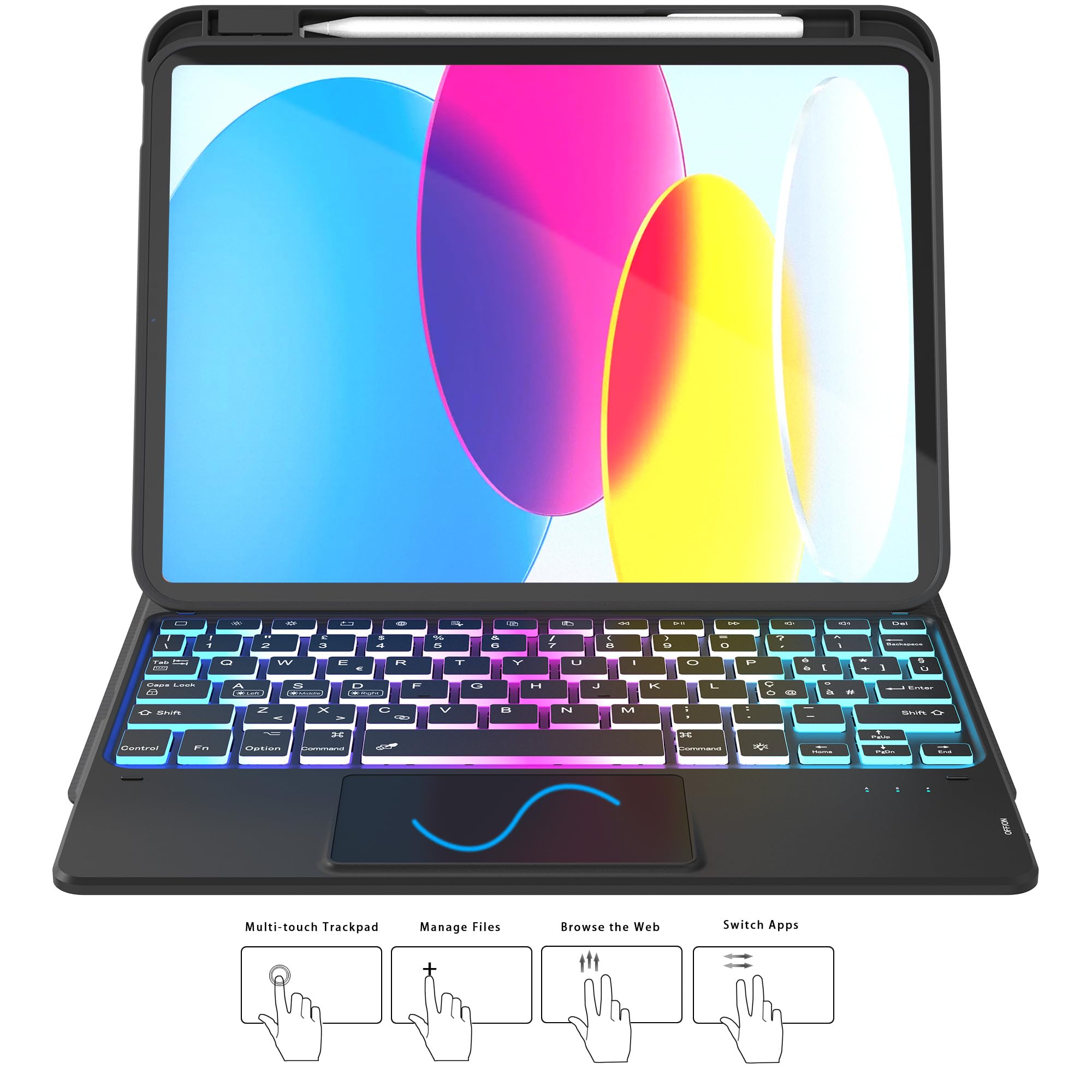 Custodia Con Tastiera per iPad 10 Generazione 10.9 2022/11 Generazione A16 2025: Tastiera Retroilluminata a 3 Zone e 7 Colori Con Trackpad Intelligente - Tastiere Rimovibile Con Layout Italiano QWERTY