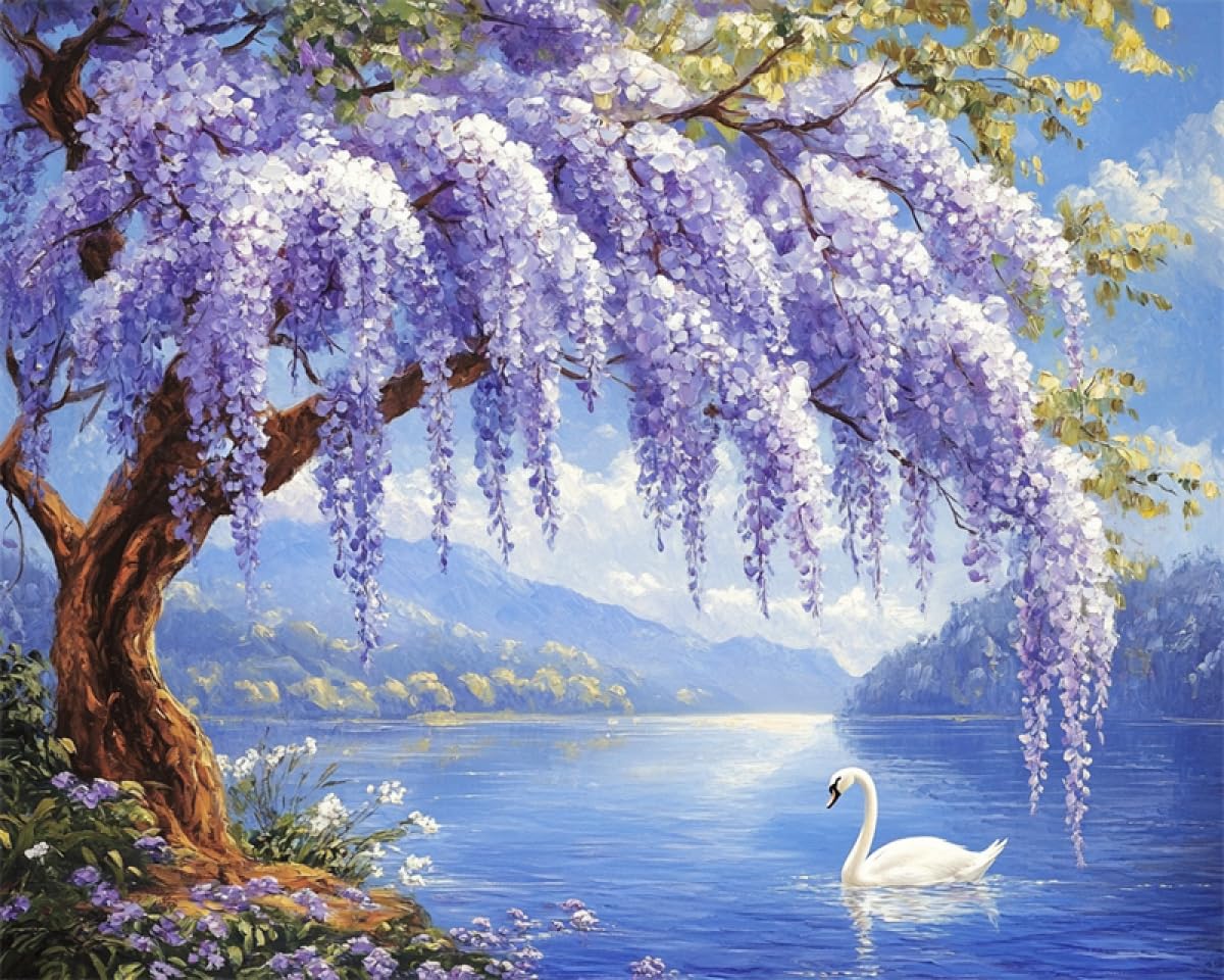 14CT Kit Punto De Cruz Preimpreso Árboles En Flor Y Paisaje De Lago Kits De Punto De Cruz Para Principiantes O Adultos,Diy Fácil Contado Costura Conjunto De Bordado Decoración Del Hogar 80x100cm