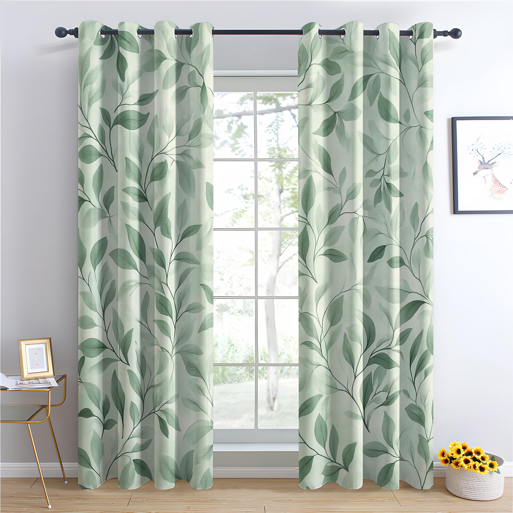 Rideaux Occultant Vert Sauge, Rideau Isolant Thermique pour Salon Chambre, Motif Feuille Verte, Lot de 2 Décoration de Fenêtre Opaque 140x240cm LxH, à Oeillets