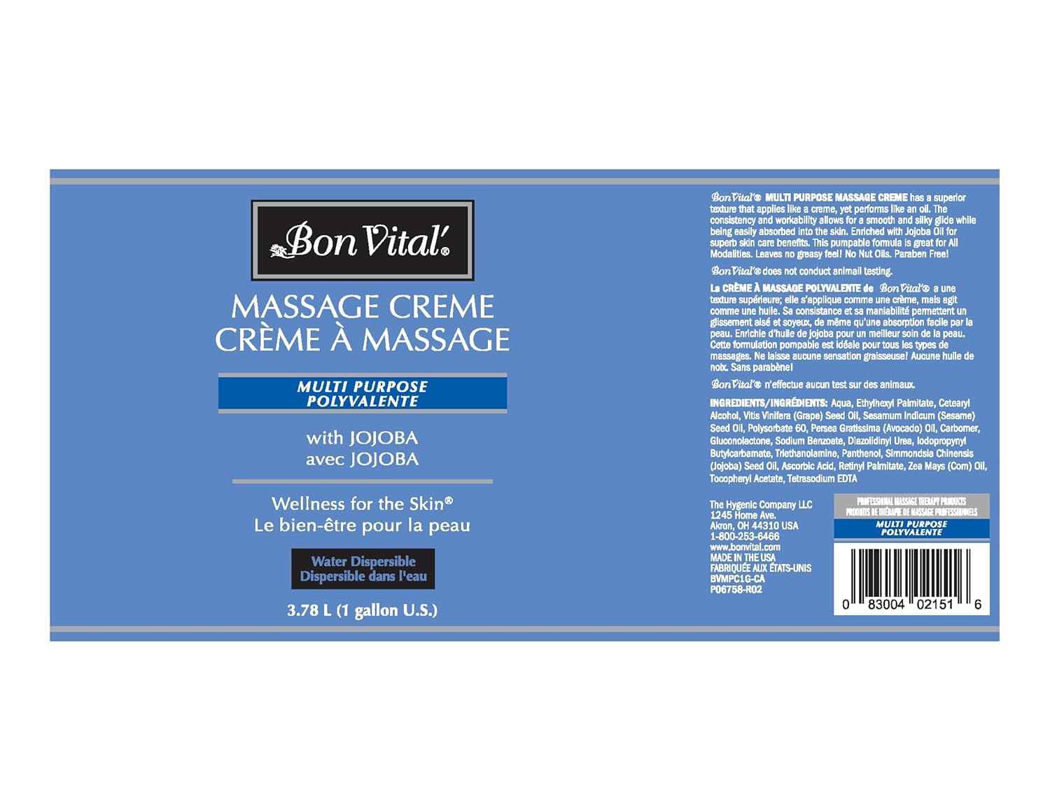 Bon Vital' Multi-Purpose Massage Creme, Professional Massage Cream with Aloe Vera to Relax Sore Muscles, Increase Circulation & Repair Dry Skin, Full Body Moisturizer Cream, 1 Gal, Label may Vary