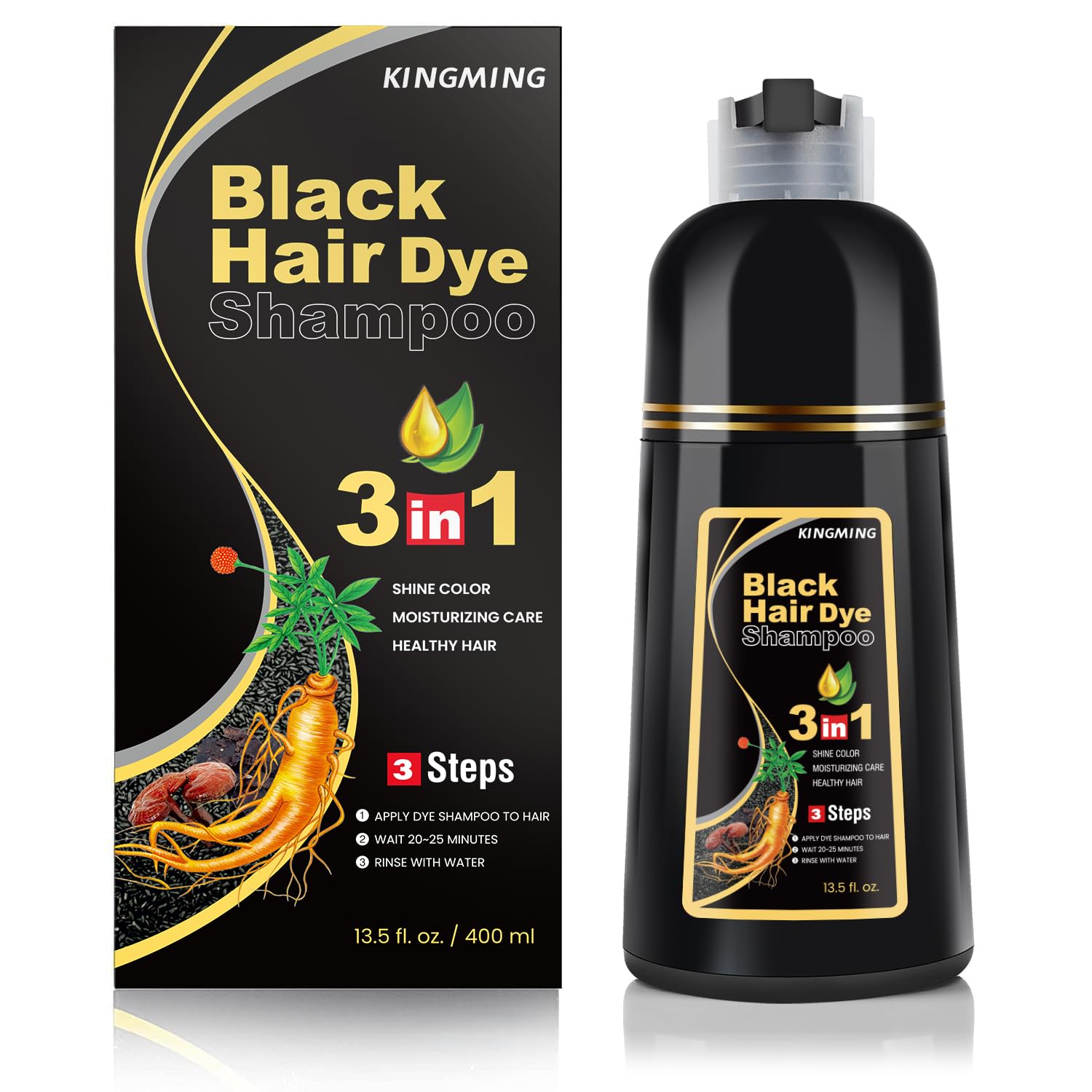 KINGMING Black Hair Dye Shampoo 3 in 1 for Gray Hair Coverage