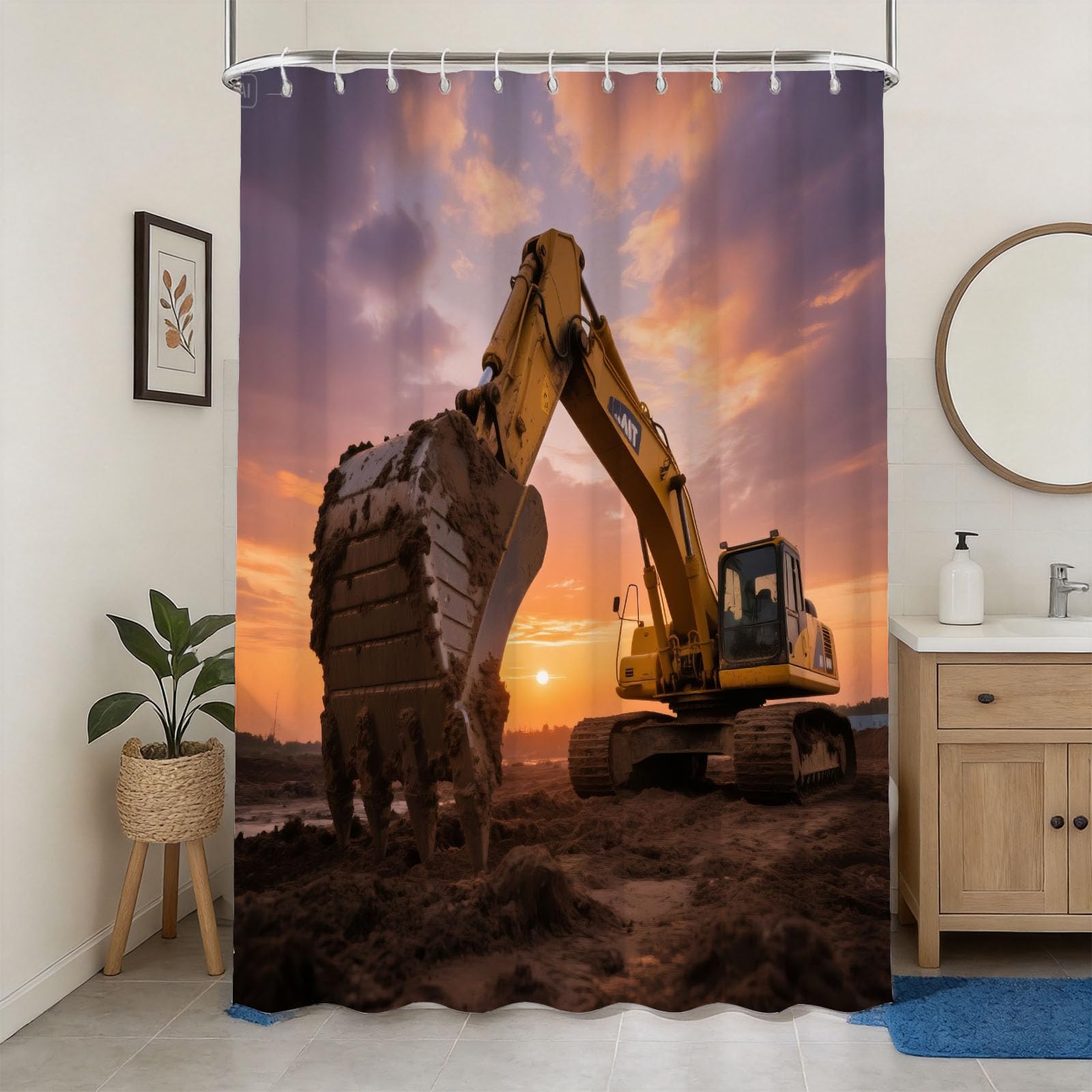 Hongduo 3D Construction Excavator Shower Curtain for Stalls Bathtubs Construction Machinery Bathroom Decor Shower Curtain Set Polyester Fabric Waterproof 180x180cm/71X71 Inch with Hooks