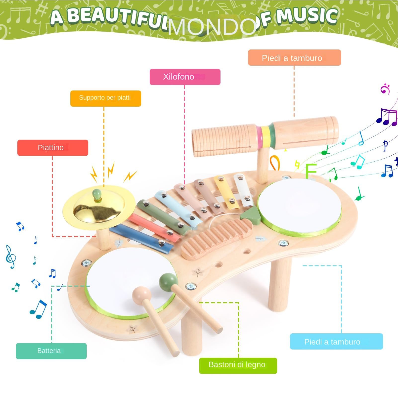 Set Batteria per Bambini in Legno per Bambini | Giocattoli per lo Sviluppo Precoce per Regalo Compleanno Festa Bambini Asilo Scuola Materna Homeschooling