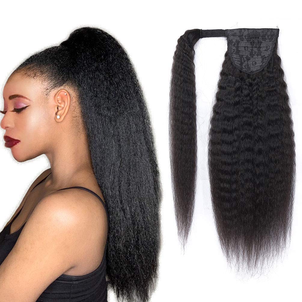 Ponytail Extension Human Hair Long Kinky Straight Magic Paste Ponytail 100% Human Hair Real Remy Hair Ponytail Extension for Black Women Natural Black Pony Tails Hair Extensions for Women 14 Inch