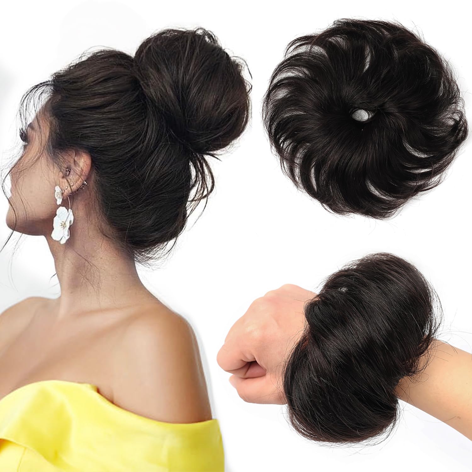 FGZJMAE Human Hair Bun Extension #1B Natural Black Wavy Tousled Stretchy Fluffy Donut Updo Human Hair Bun Extension Chignons Scrunchies Ponytail