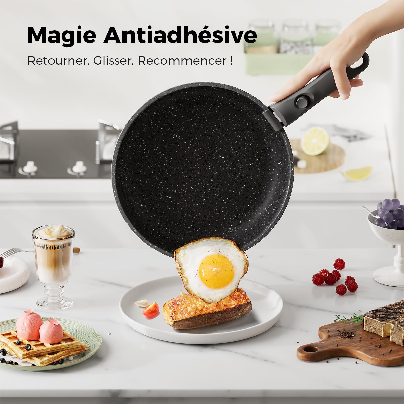 YASHE Batterie de cuisine 20 pièces, Revêtement antiadhésif, poignées amovibles, induction et four jusqu'à 230 °C, lave-vaisselle, empilable, blanc – Idéale pour les familles
