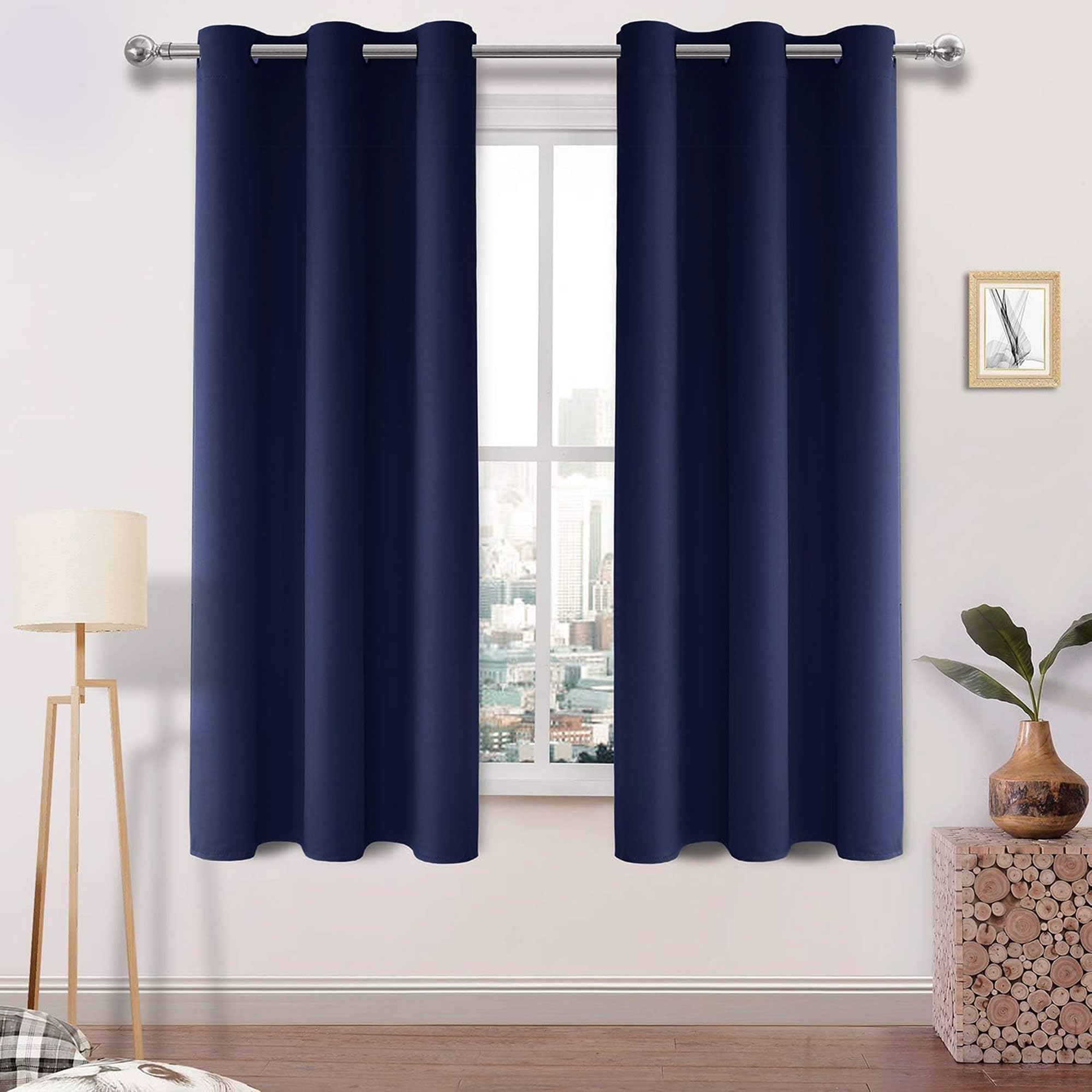 DWCN Navy Blue Room Darkening Blackout Curtains Thermal Insulated Block Out Light Grommet Curtain Panel 38 x 63 Inches Length, 2 Thick Panels