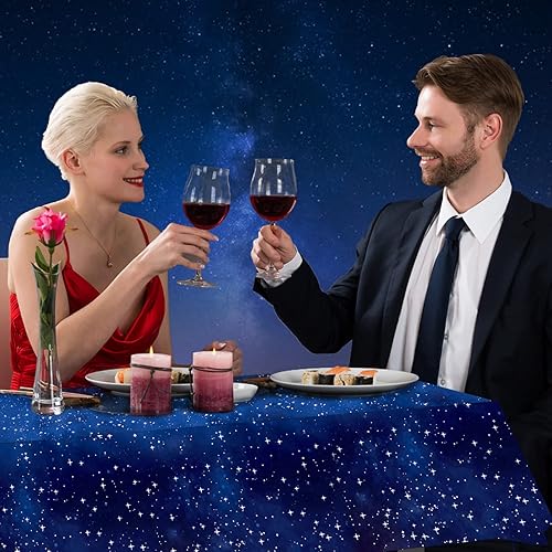 Miniatura 5 de 4 manteles con diseño de noche estrellada, 54 x 108 pulgadas, fundas de mesa con temática de galaxia espacial, fundas desechables de cielo nocturno