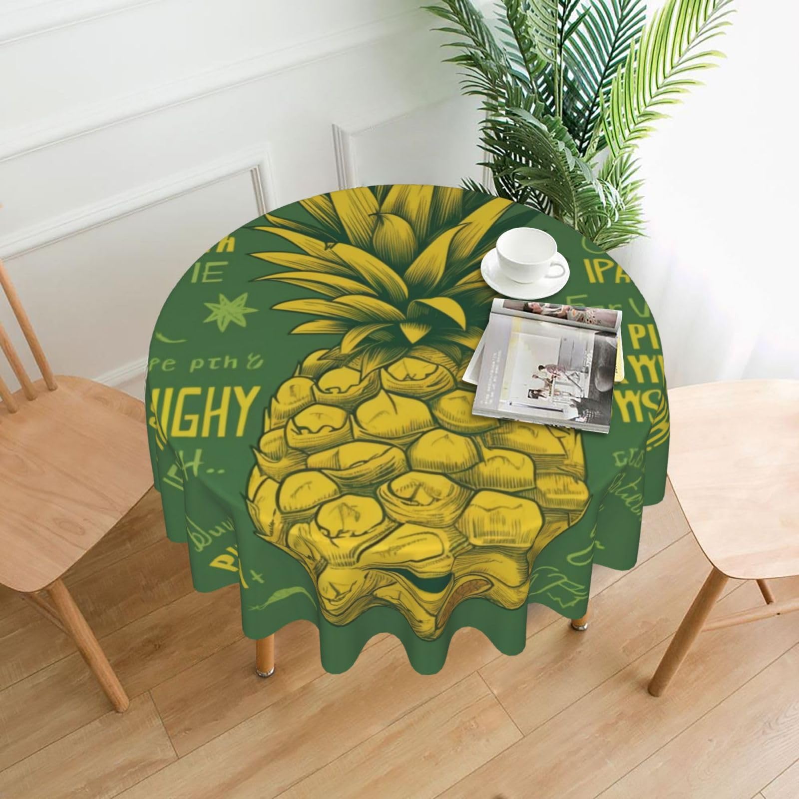 WPKJU Psych Pineapple Quote Printed Round Tablecloth 60 in Water Resistant Table Cover Washable Table Cloth for Dining Tables
