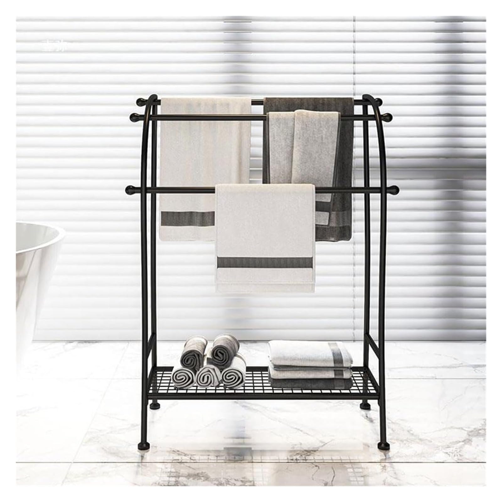 Perchero independiente dorado de 3 niveles para toallas y mantas, de metal, para baño, dormitorio, playa, gimnasio y zona de piscina, solución de almacenamiento elegante