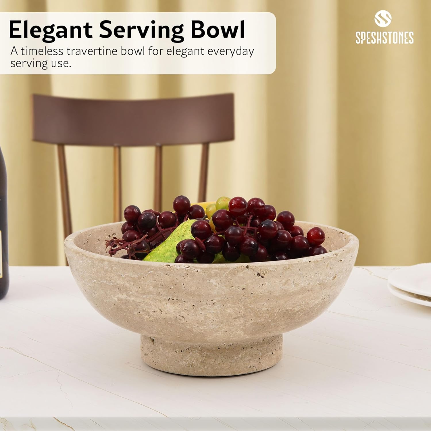 Marble Fruit Bowl for Kitchen Counter 10 Inch Travertine Serving Bowls for Fruits Storage, Candy Dish for Table Centerpieces, Decorative Pedestal Bowl for Gifts & Home Decor