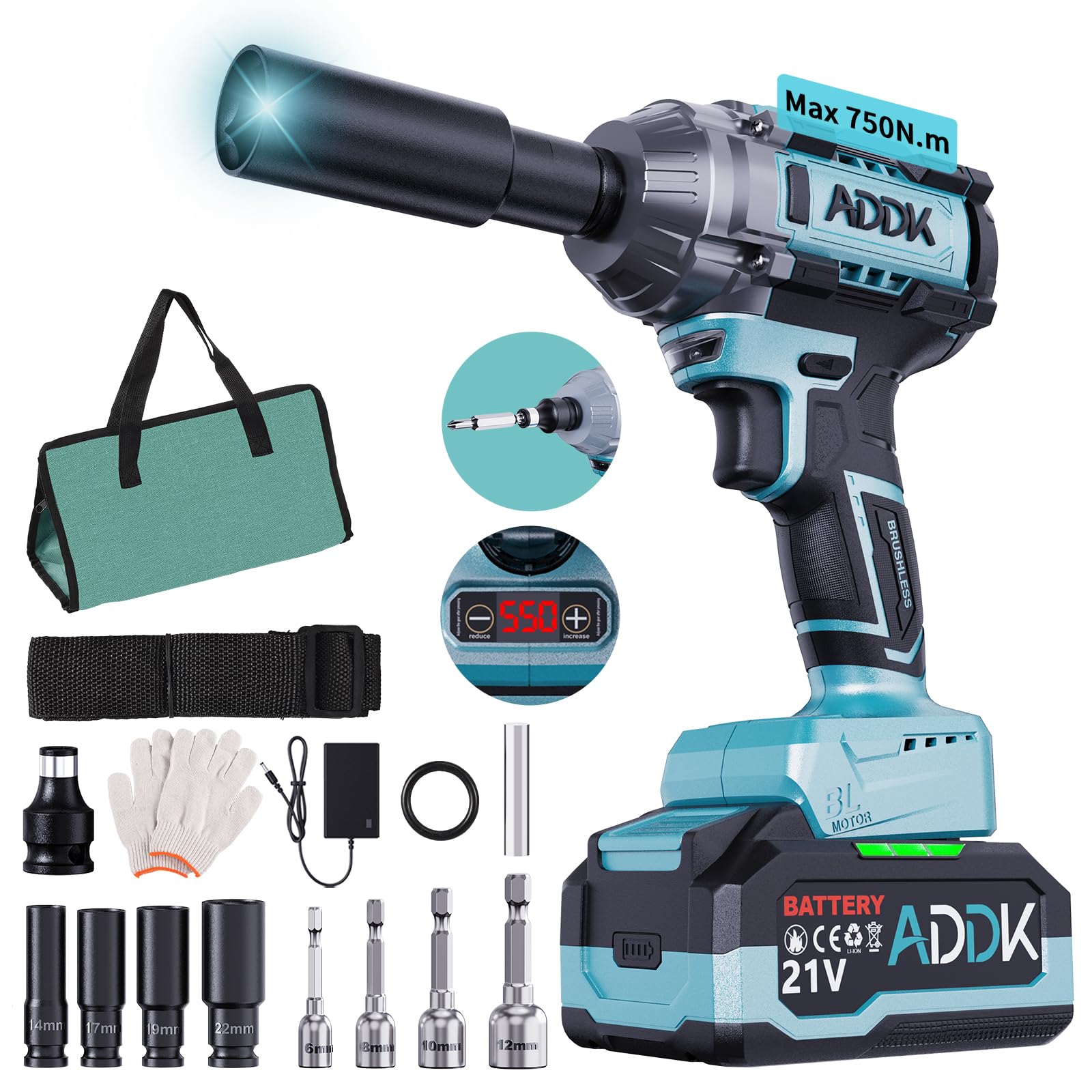 Ecarke Boulonneuse Électrique 1300Nm Sans Fil Compatible Avec Ma-kita 18V Batteries, 1/2" Clé à