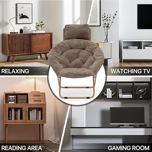 Miniatura 10 de MoNiBloom Silla redonda plegable de piel sintética con reposacabezas extraíble para adultos, marco de metal, de gran tamaño, cómoda, suave,