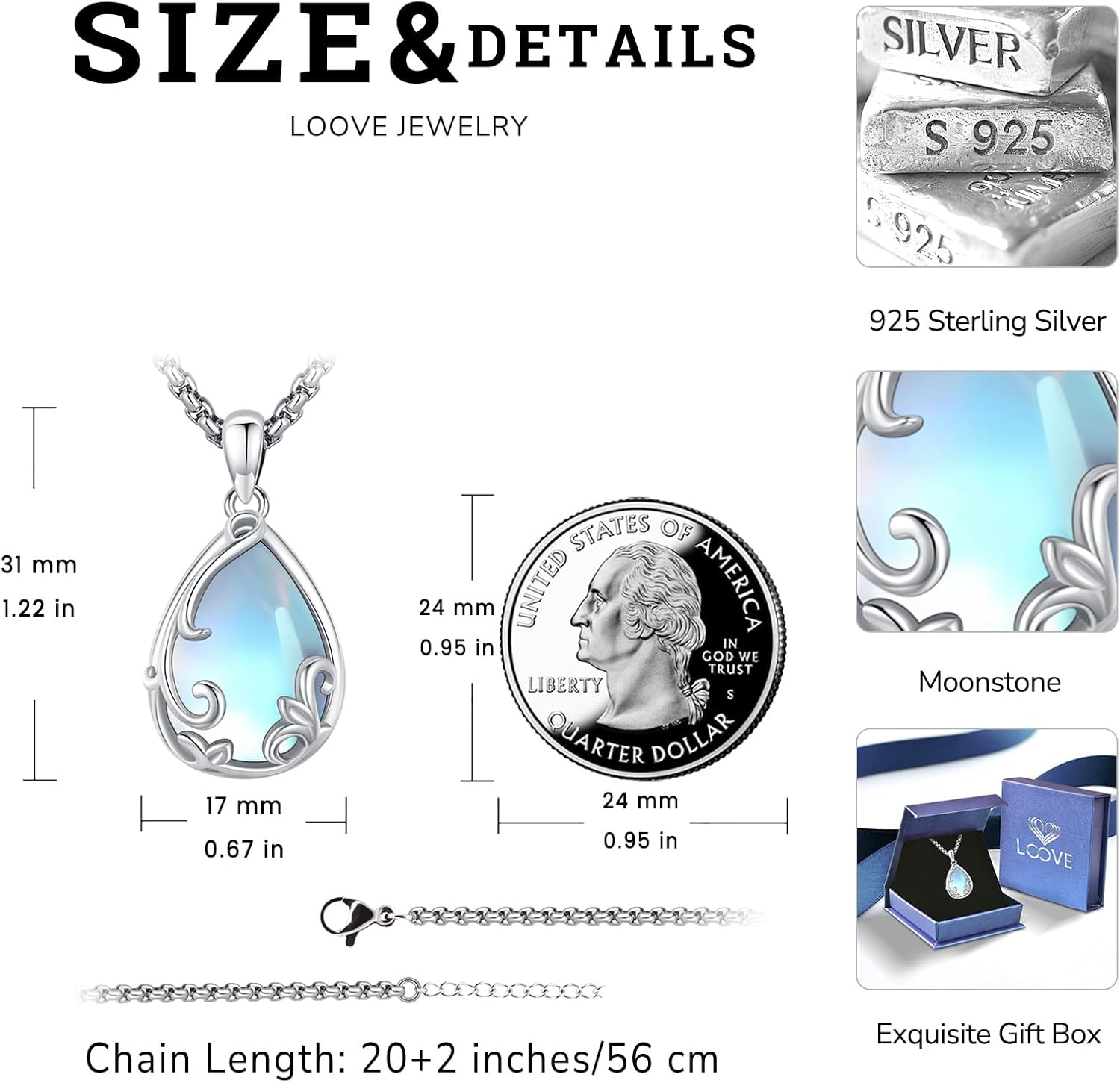 Filigree Teardrop Stone/Moonstone/Turquoise Necklace for Women Sterling Silver Jewelry - Image 2