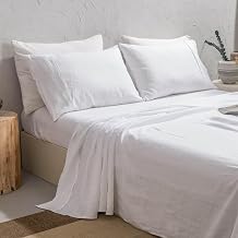 meadow park 100% Washed French Linen Sheet Set-King Size-White Linen-4 Pieces 1 Flat Sheet, 1 Fitted Sheet & 2 Pillowcases, 16" Deep Pocket, Breathable,Ultra Soft and Durable