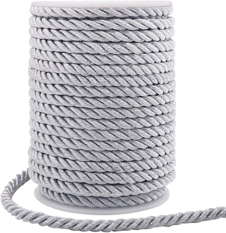 5mm Twisted Cord Trim, 59 Feet Silver Decorative Rope for Curtain Tieback, Upholstery, Honor Cord, Home Decor