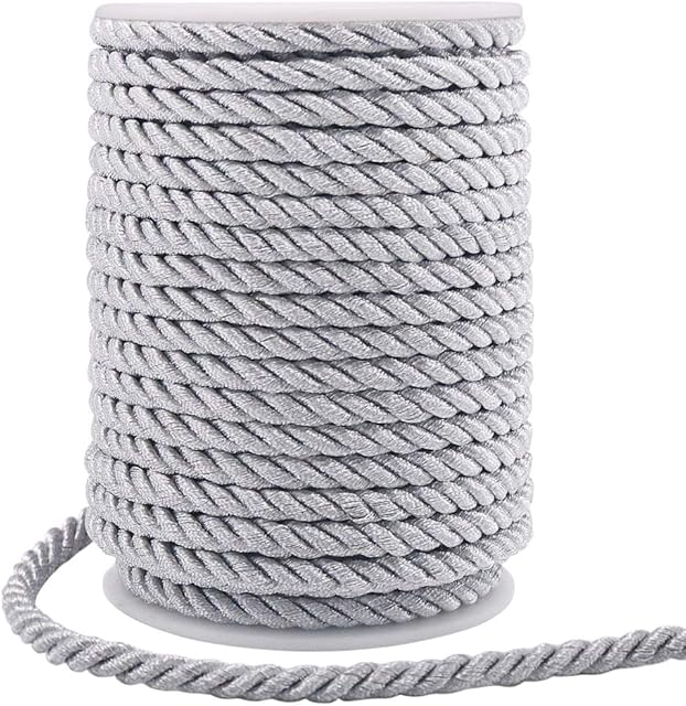 5mm Twisted Cord, 60 Feet Thick Twisted Rope Trim Thread String for Curtain Tieback, Gift Bags Rope Handles, Handbags Handles and DIY Craft Making (Silver)