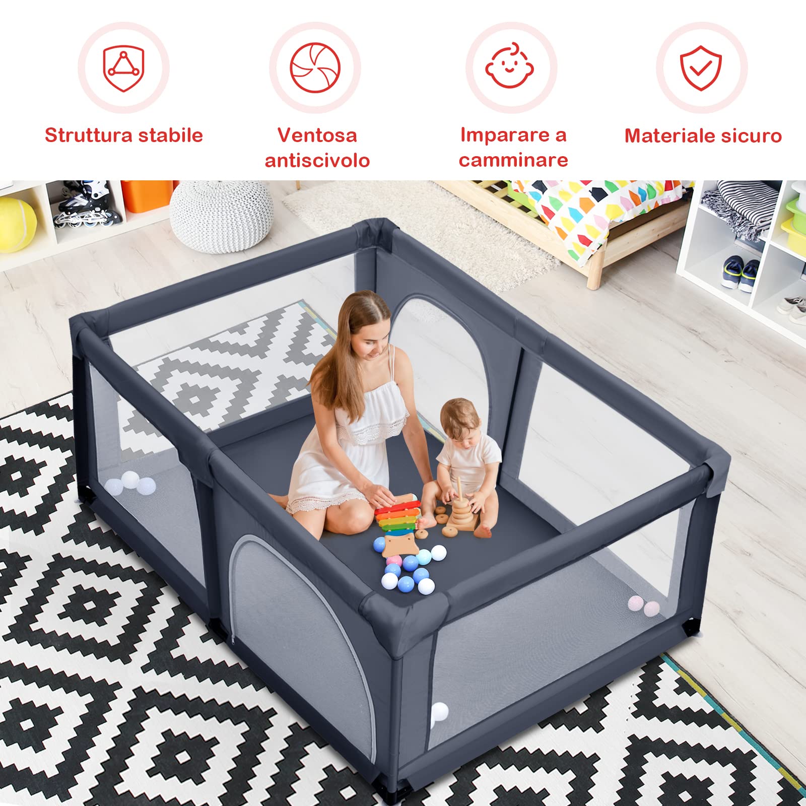 COSTWAY Box per Bambini, Centro Attività Portatile e Sicuro per Bambini, Box Colorato con Cancello, Recinto Extra per Interno ed Esterno con Rete Traspirante Durevole (Grigio scuro)
