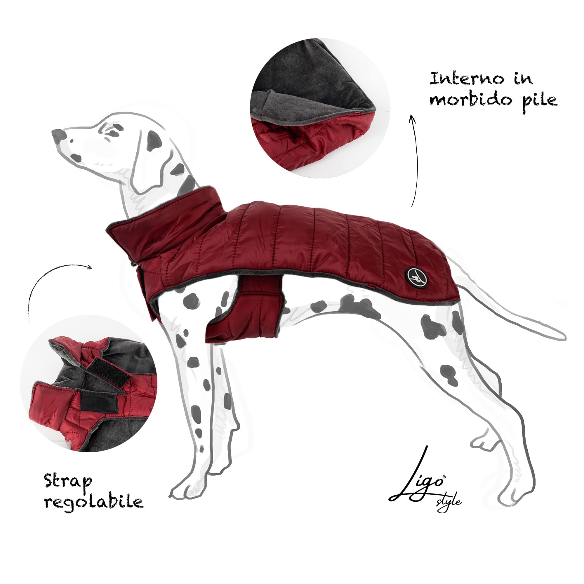 Ligo - Cappottino per Cane, impermeabile per cani, Vestiti per Cani Giacca Impermeabile Invernale per Cani Antivento Gilet Cappotto Cane protezione dal freddo, pioggia neve. ARDENT BORDEAUX (47 cm)