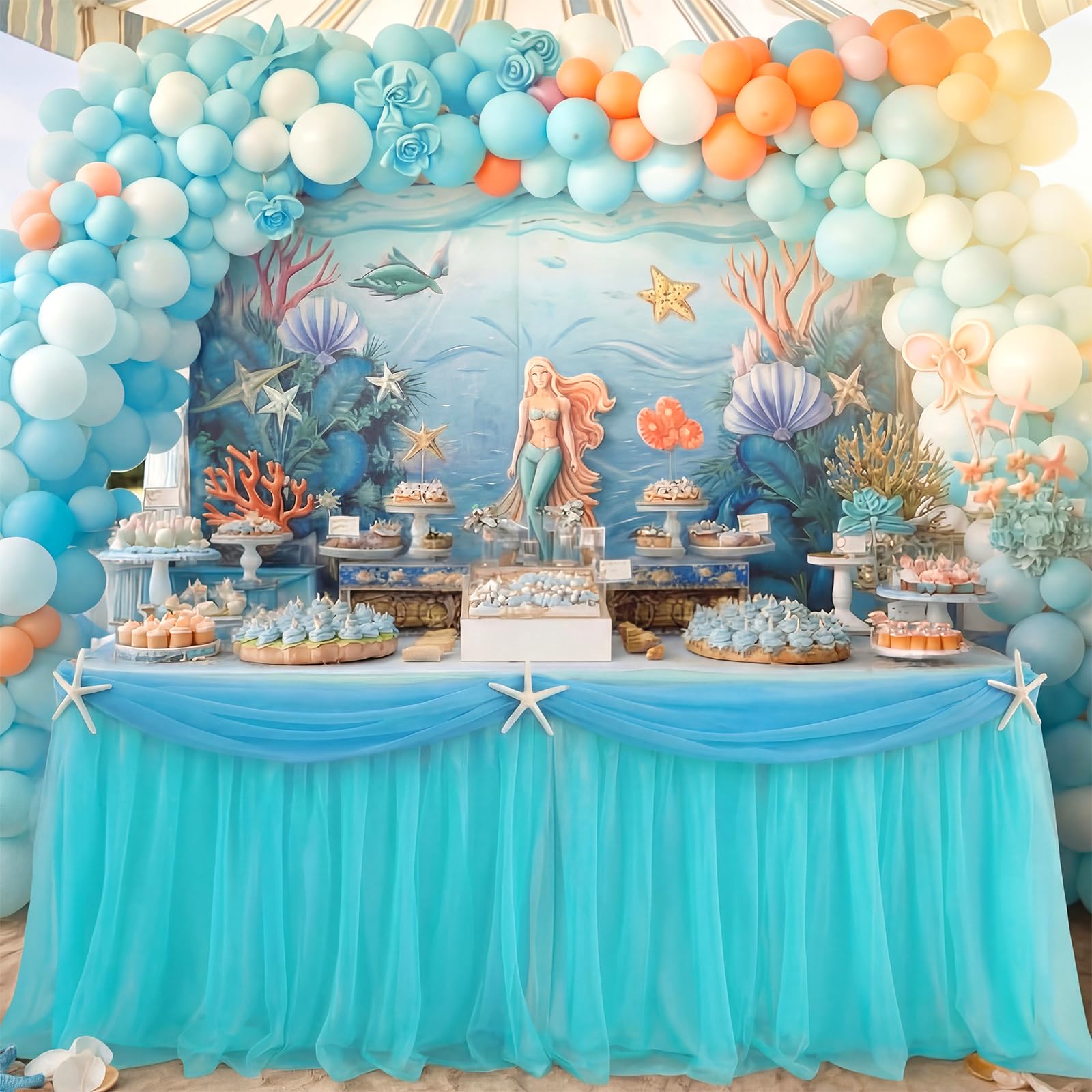 Flutesan 9 ft x 30 Inch Mermaid Tutu Table Skirt with Tables Cloth