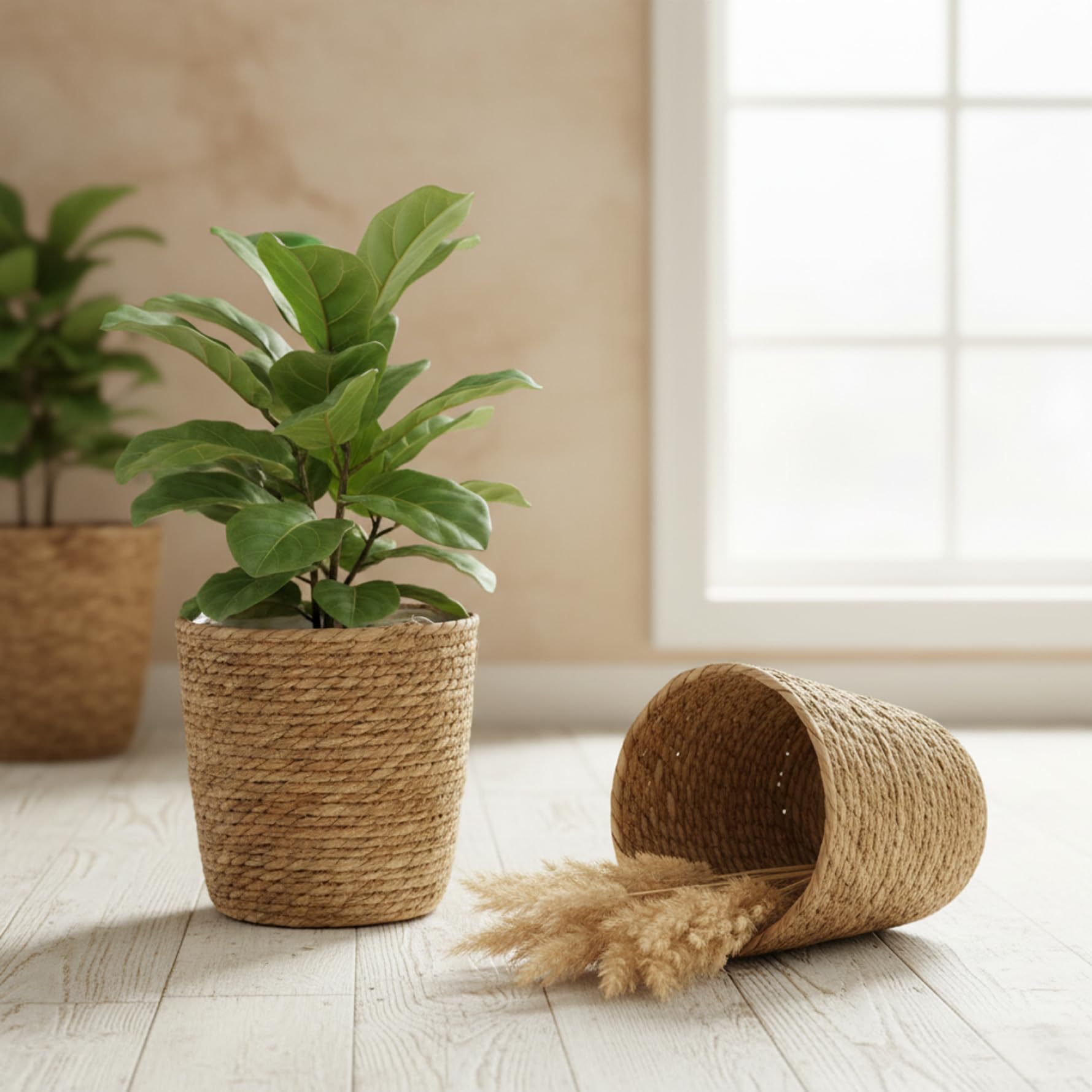 Panier de jardinière en rotin, jardinière en Osier tissé de 12 Pouces avec Doublure en Plastique, bac Rangement Polyvalent pour Plantes d'intérieur, Organisation la Maison