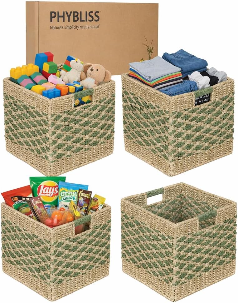 12x12 Cube Storage Bins, Paper Rope Baskets for Shelves, 4 Pack