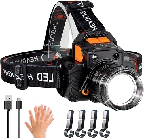 Linterna frontal recargable, linterna LED de alto lúmenes con sensor de movimiento, impermeable, con zoom, faro al aire libre para acampar,