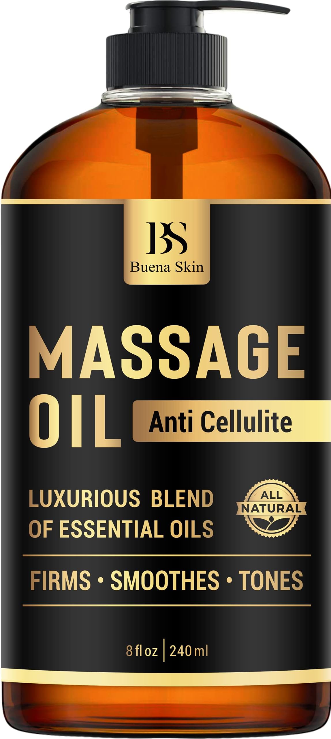 Cellulite Treatment Massage Oil - Penetrates Skin 6X Deeper Than Cellulite Cream -100% Natural Ingredients, Targets Unwanted Fat Tissue - by Buena Skin 8 OZ