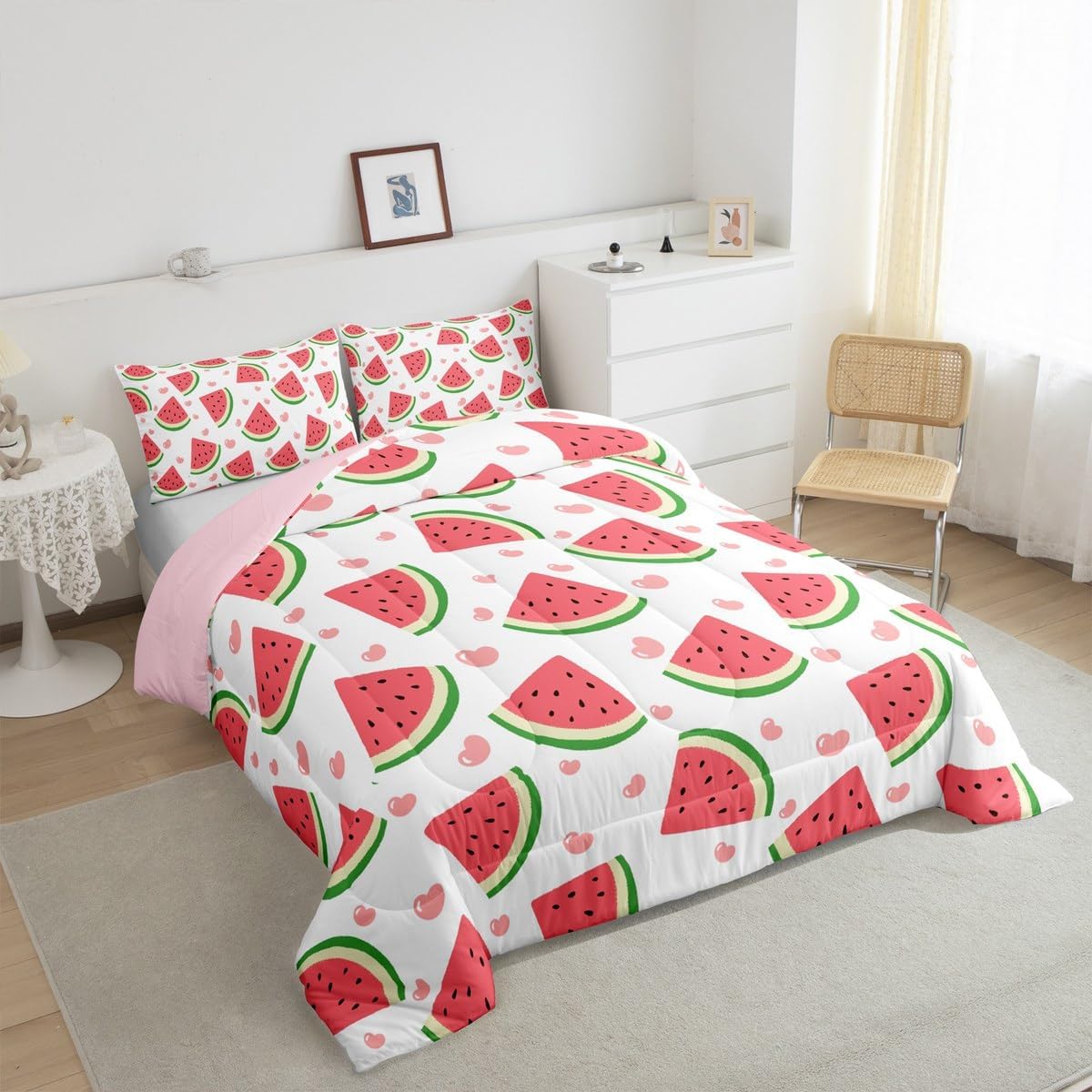 Homewish Cartoon Watermelon Comforter Set Queen Size Summer Theme Bedding Set 3pcs Cute Pink Heart Fruits Quilted Duvet for Kids Girls Women Teens Room Decor,Sweet Food Duvet Insert,2 Pillowcases