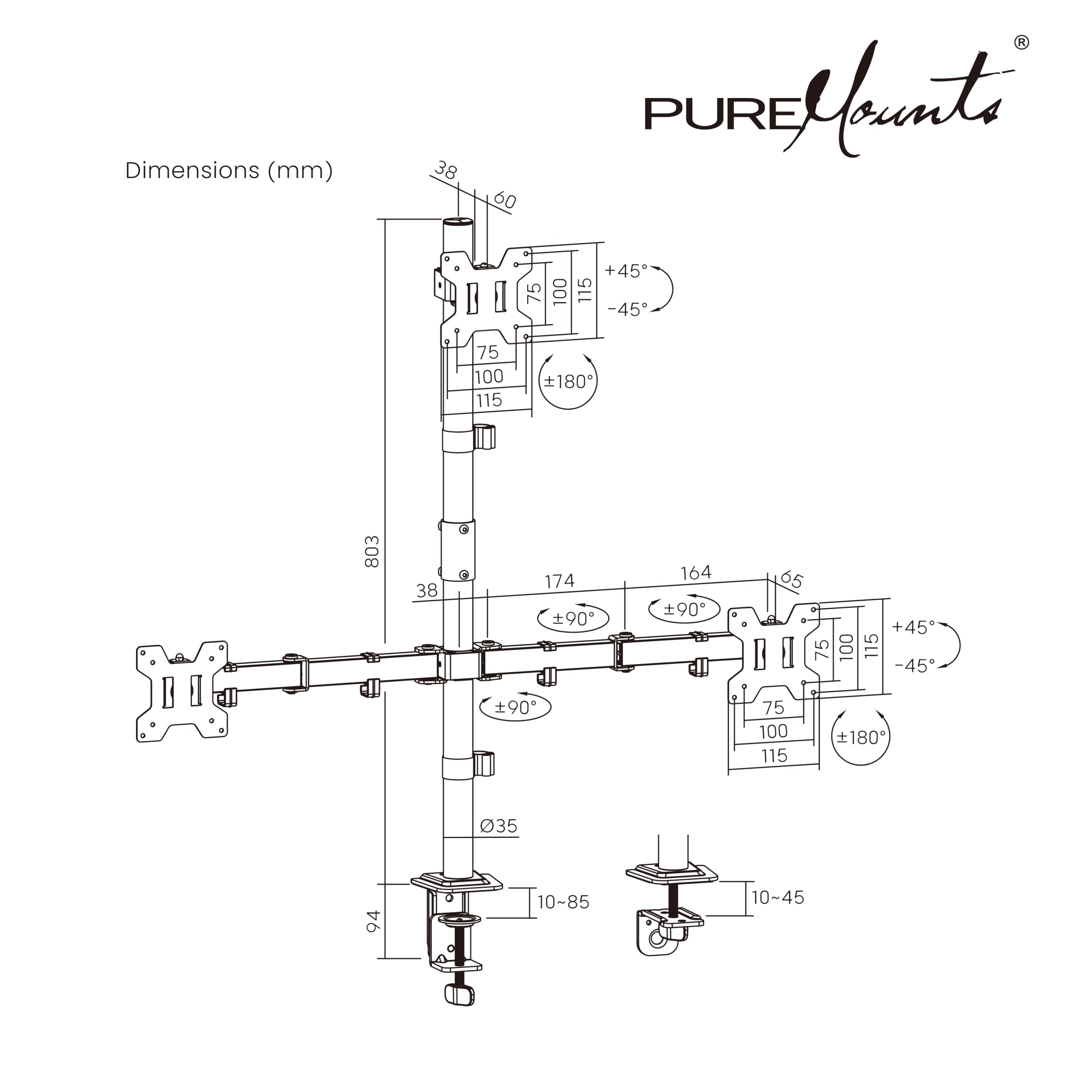 PureMounts Support Triple écran superposé 17-32 Pouces, VESA 75/100