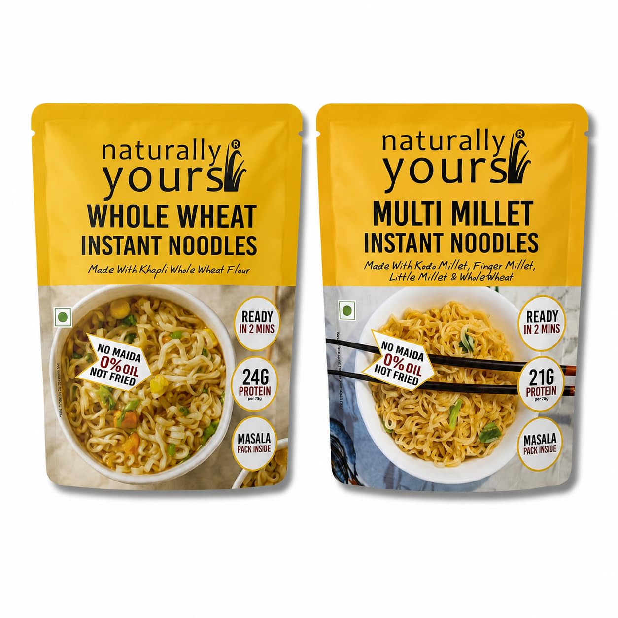 Naturally Yours Protein Power Instant Noodles Combo 2 x 175g | Khapli Whole Wheat + Multi Millet | Total 135g Protein | 100% Maida-Free | High Protein & Fiber | Steam-Dried, Non-Fried | No Onion No Garlic Jain-Friendly Tastemaker | Pack of 2-image-11