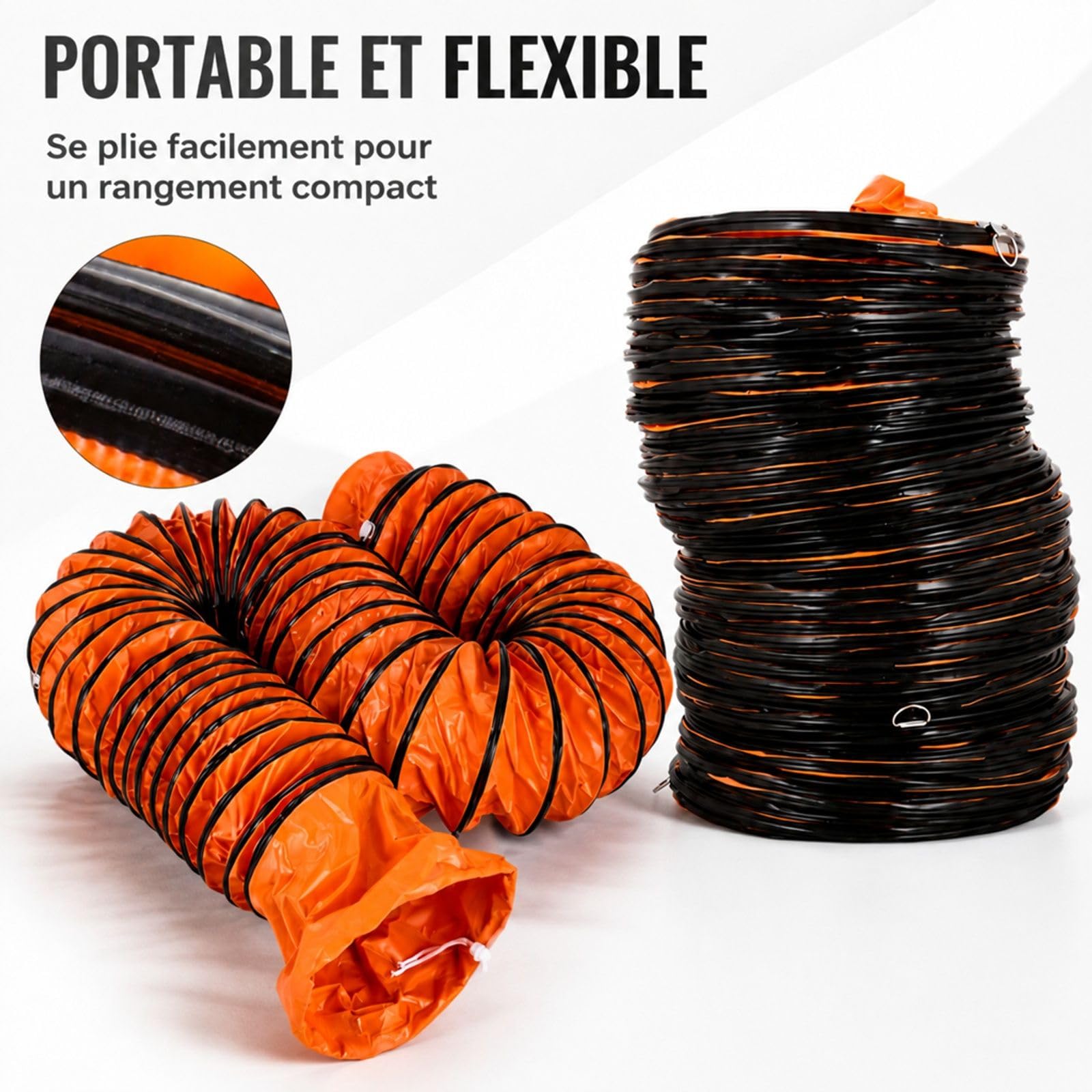 Gaine de ventilation flexible en PVC orange avec anneaux noirs pour extracteur d air et atelier