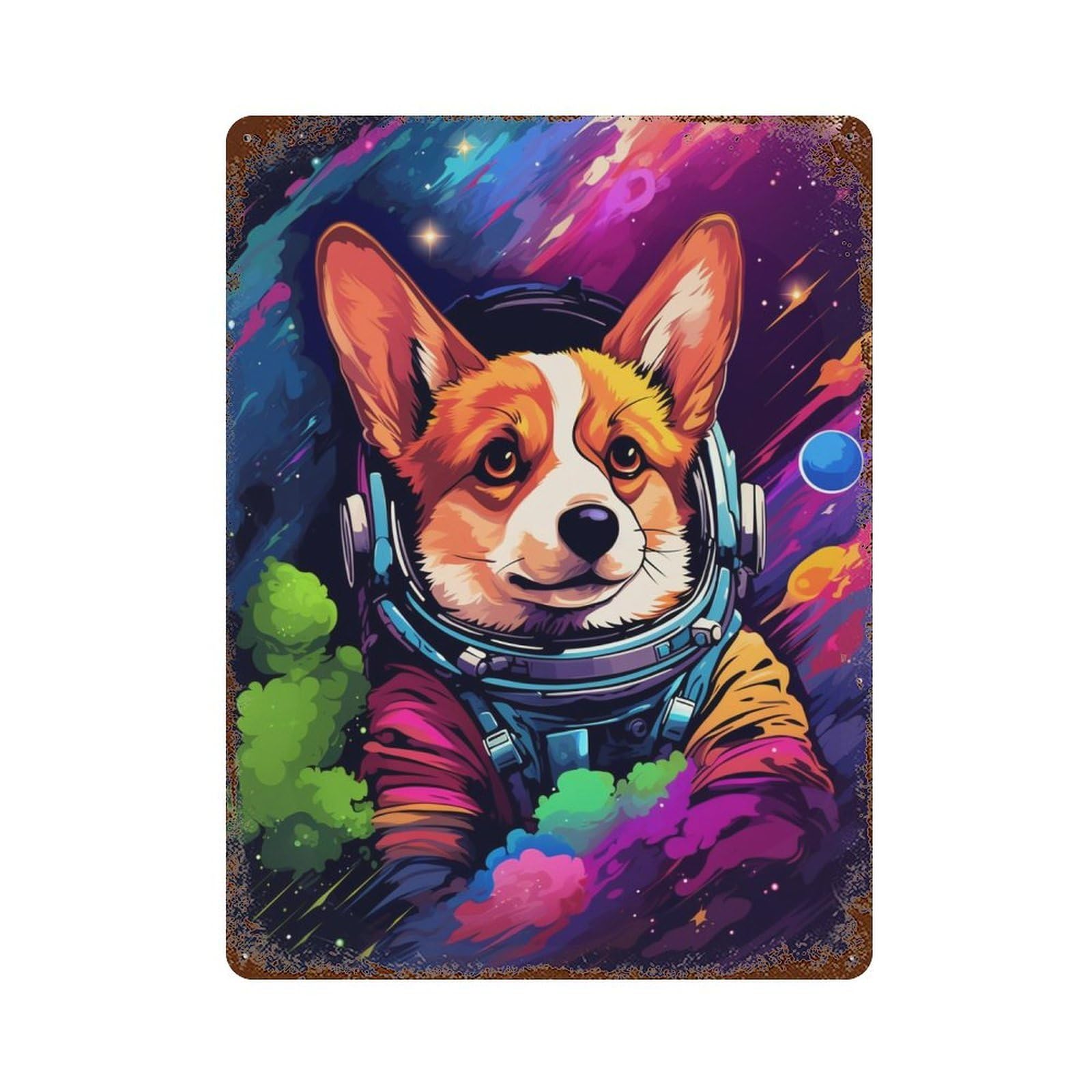 Corgi Astronaut in Space -8 Rust Effect Tin Sign 15.7"x11.8", Retro Wall Decor for Pub, Kitchen And Man Cave Decor
