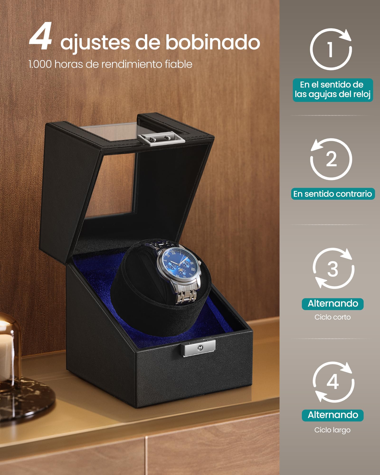 SONGMICS Caja Automática Enrollador de un Reloj con Motor Silencioso, para Relojes Automáticos, con Luz LED, Almohada Ajustable, Bloqueo, 4 Ajustes de Cuerda, Cable de Carga USB-C, Negro JWB030B01