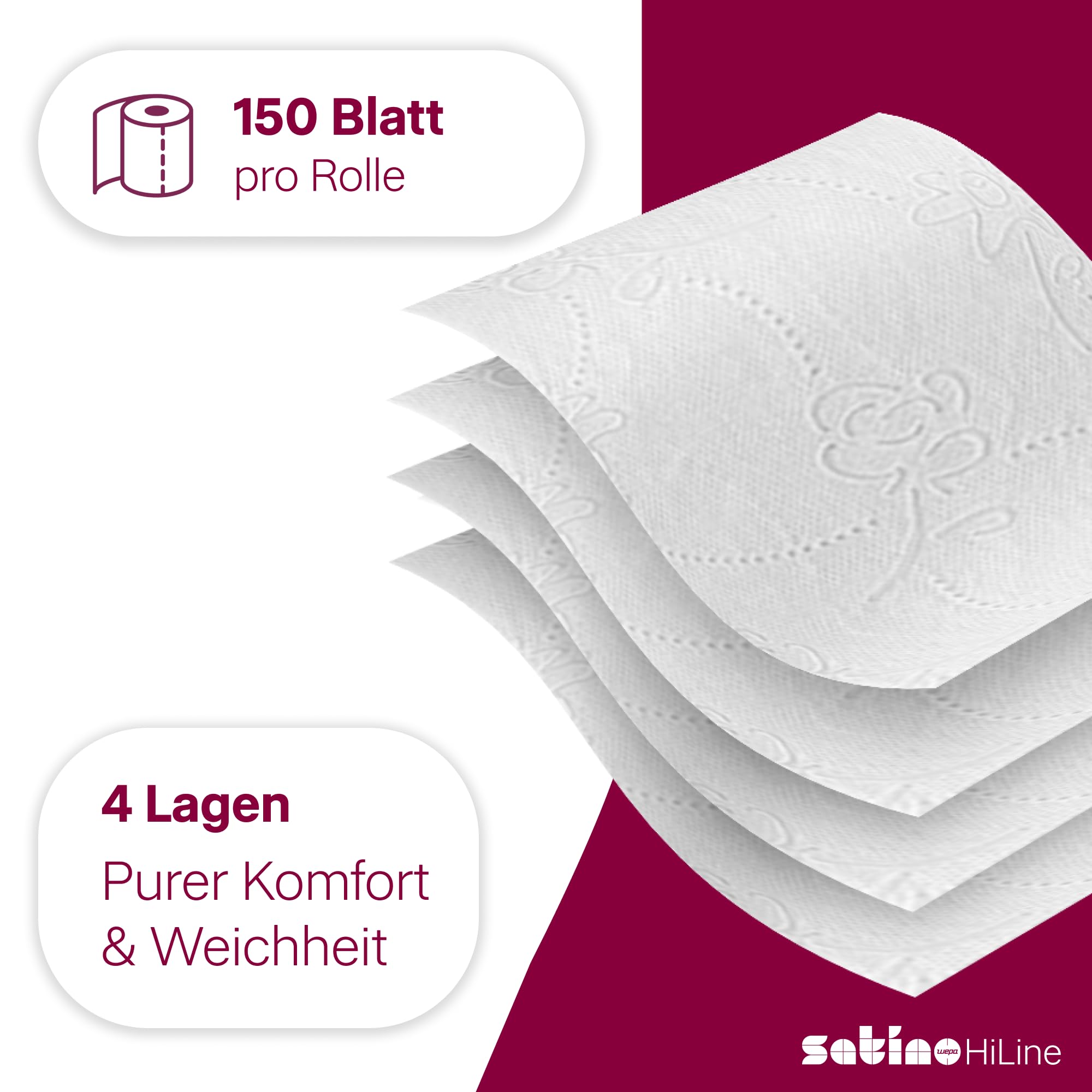 72 Rollen Toilettenpapier 4lagig – super soft dank 100% Zellstoff - Made in Germany - 150 Blatt pro Rolle – 9 Pack mit je 8 Rollen - super soft – weiß – Premium Klopapier 4 lagig – WC Papier Satino