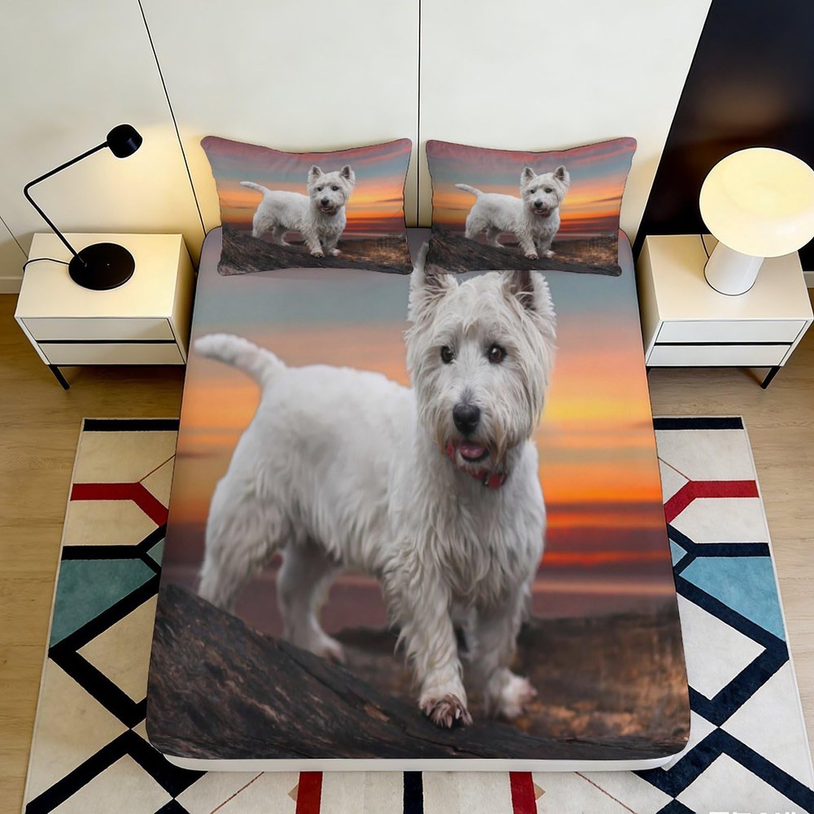 3D Printed West Highland White Terrier Fitted Sheet Microfiber Soft Breathable Sunset Landscape Mattress Cover for Bedroom Dormitory Guest Room 180x200x25cm