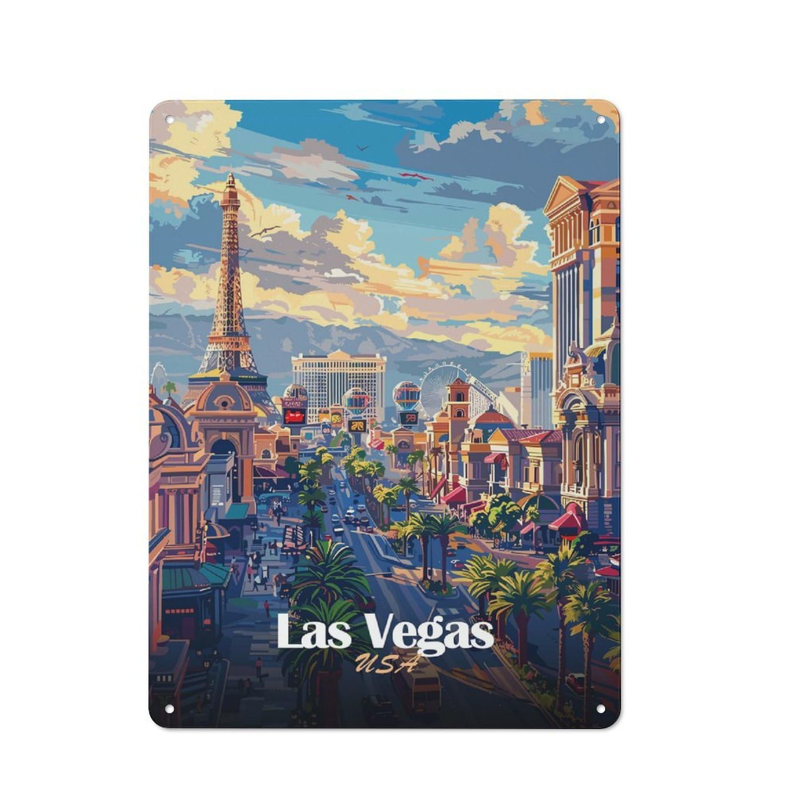 Junmoney Style-7 Las Vegas Cityscape Illustration Printed Metal Sign 40X30cm For Guest Room Or Hallway, For Kitchen, Dining Room And Home Bar Wall Decor